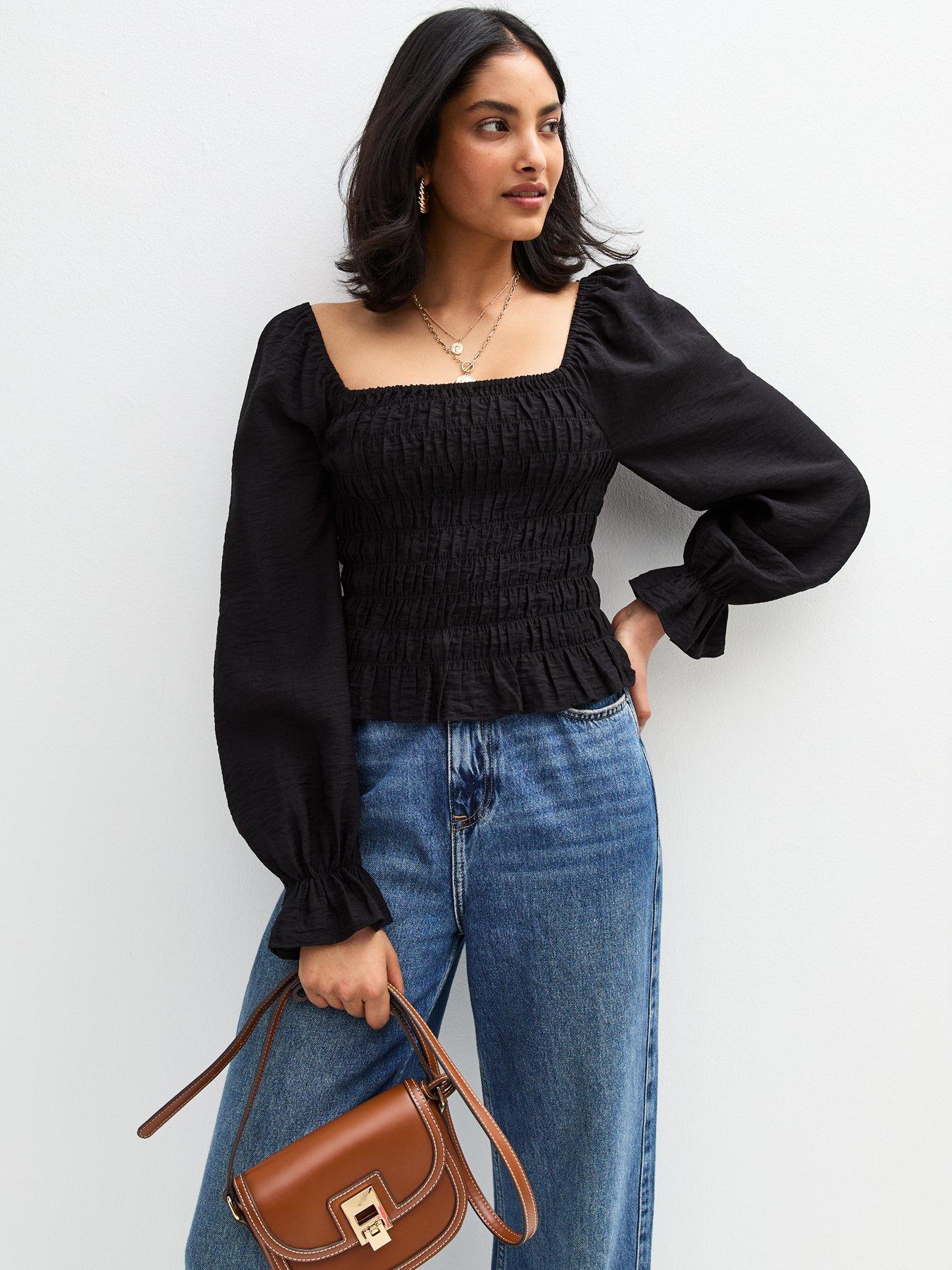 undefined Shirred Long Sleeve Milkmaid Top - Black