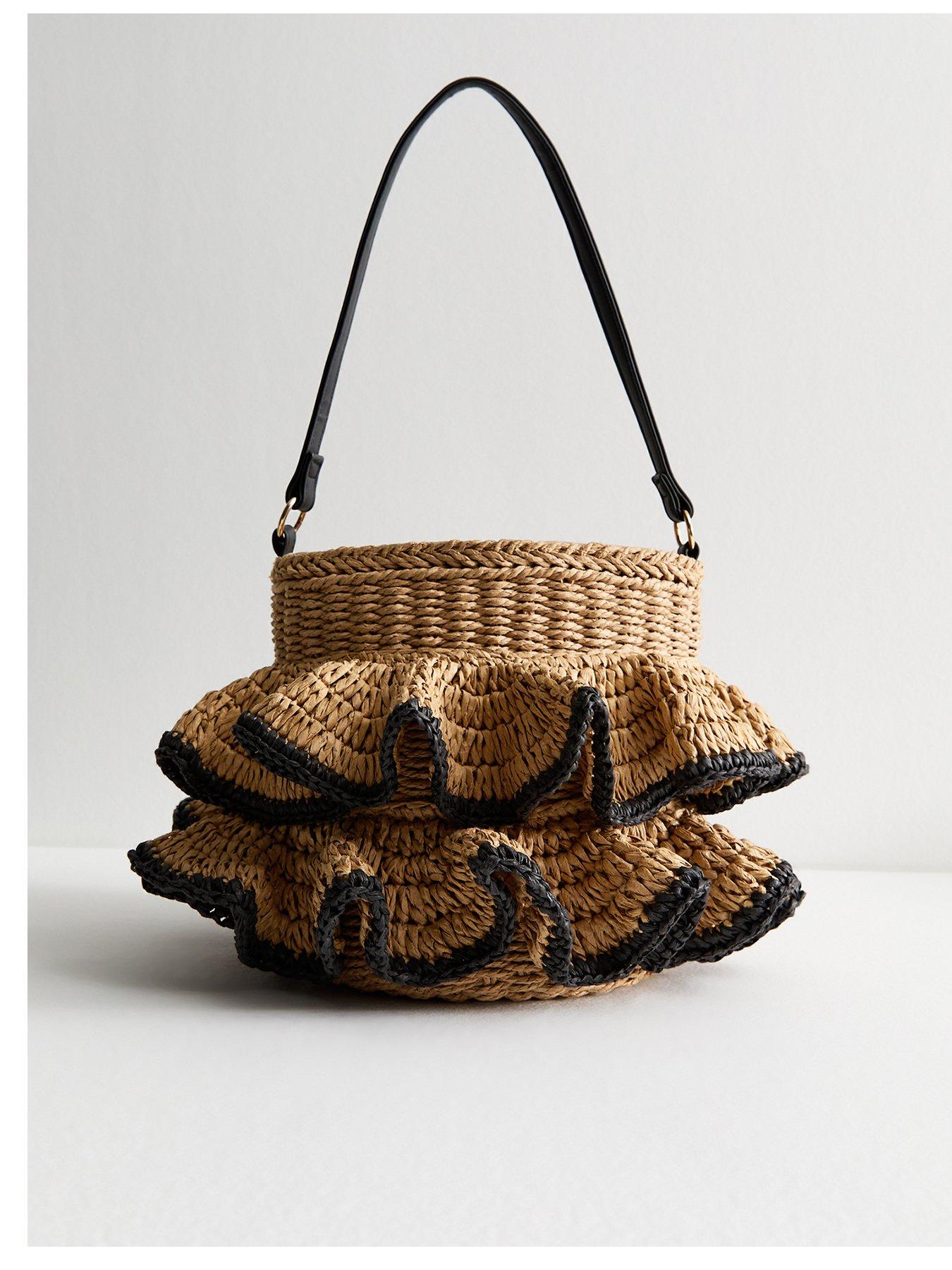 undefined Reba Ruffle Raffia Bucket Bag - Stone