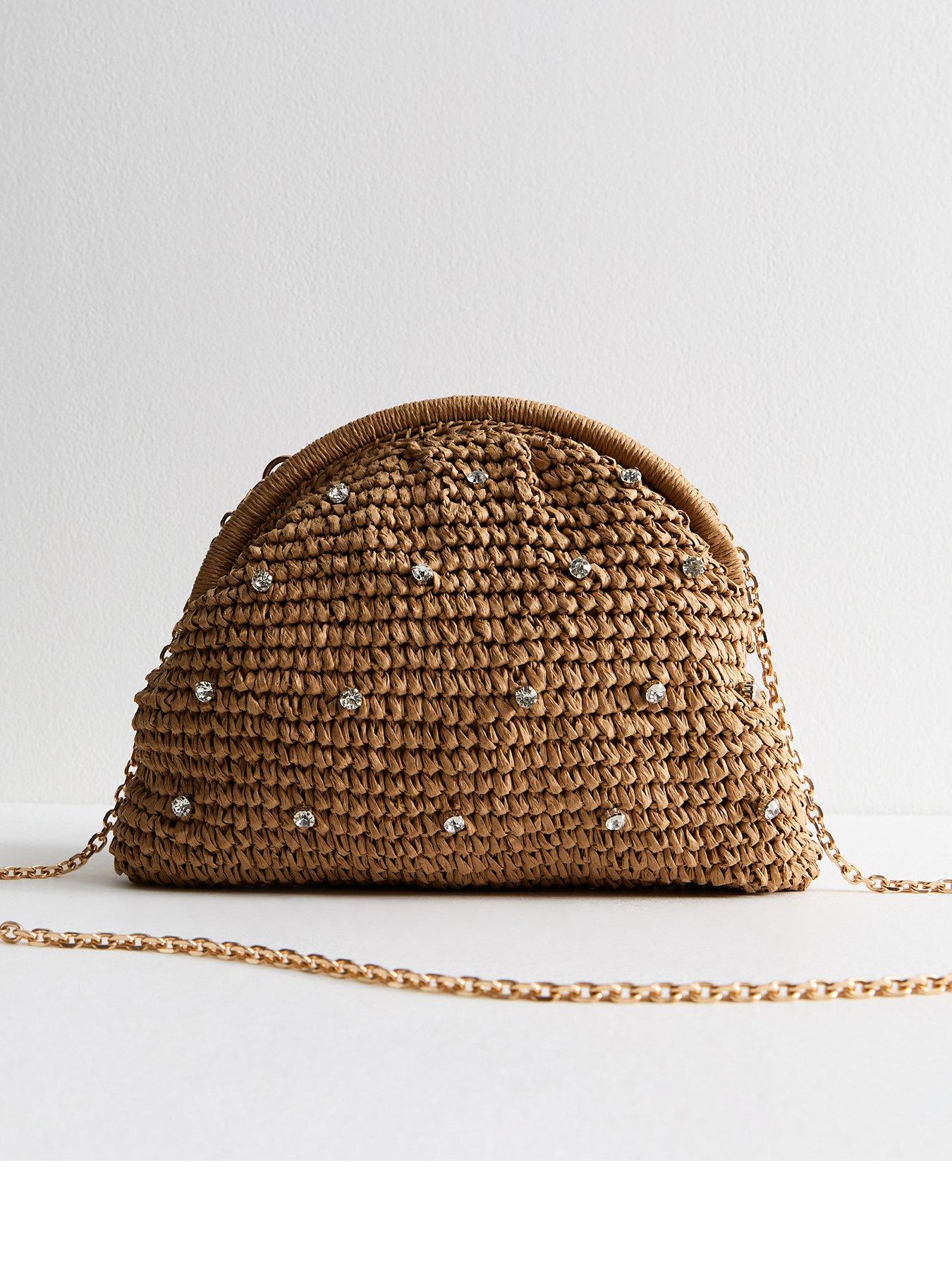 undefined Stone Diamanté Stud Raffia Look Slouchy Clutch Bag