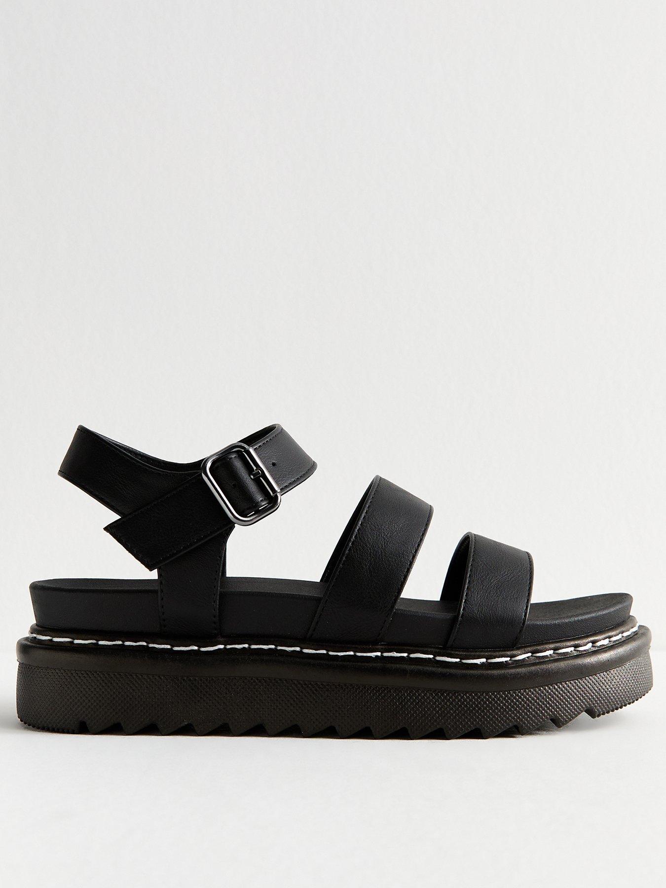 undefined Contrast Stitch Faux Leather Flatform Sandals - Black