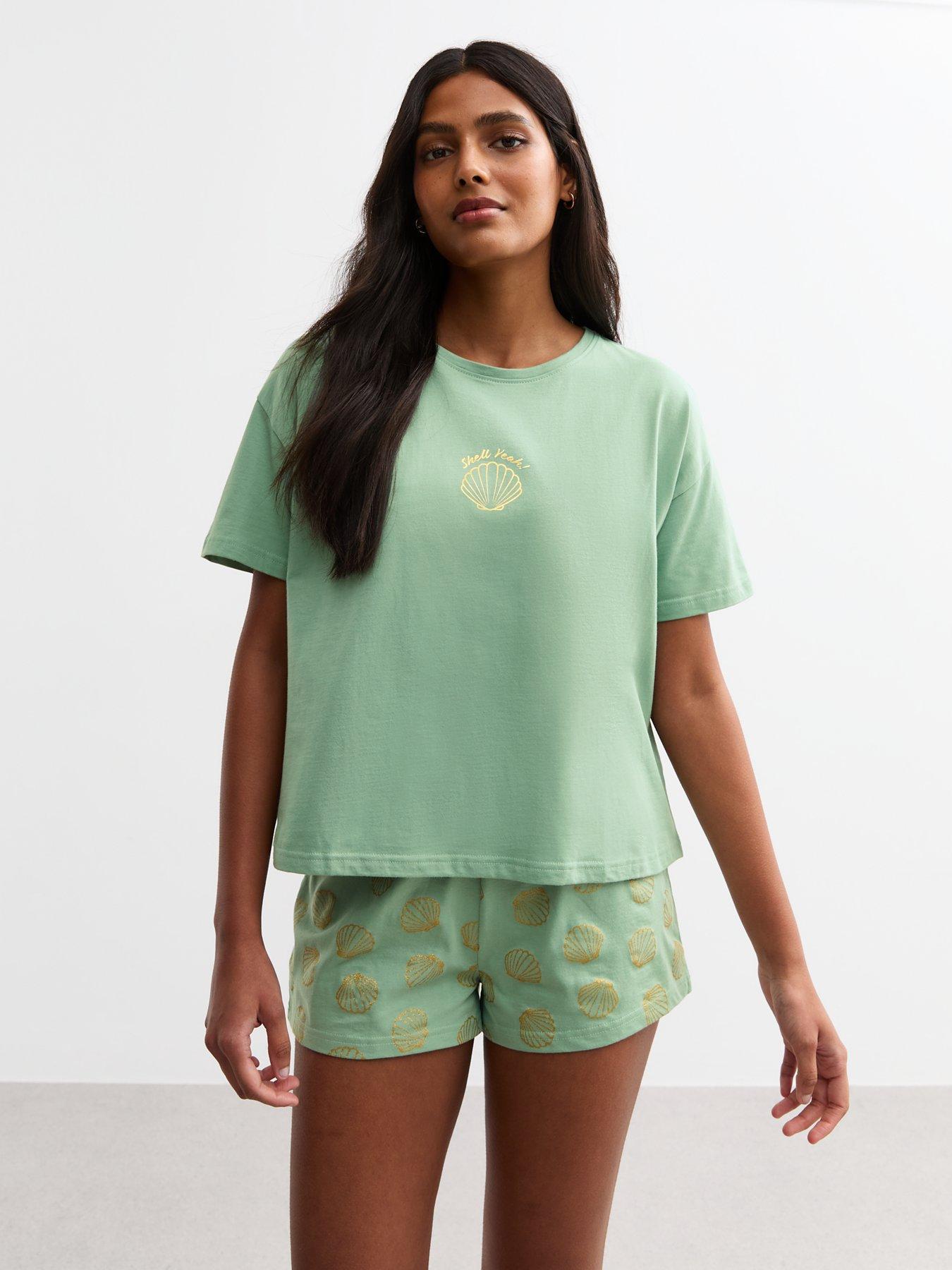 Image 1 of 4 of New Look Shell Yeah Short Pyjama Set - Green