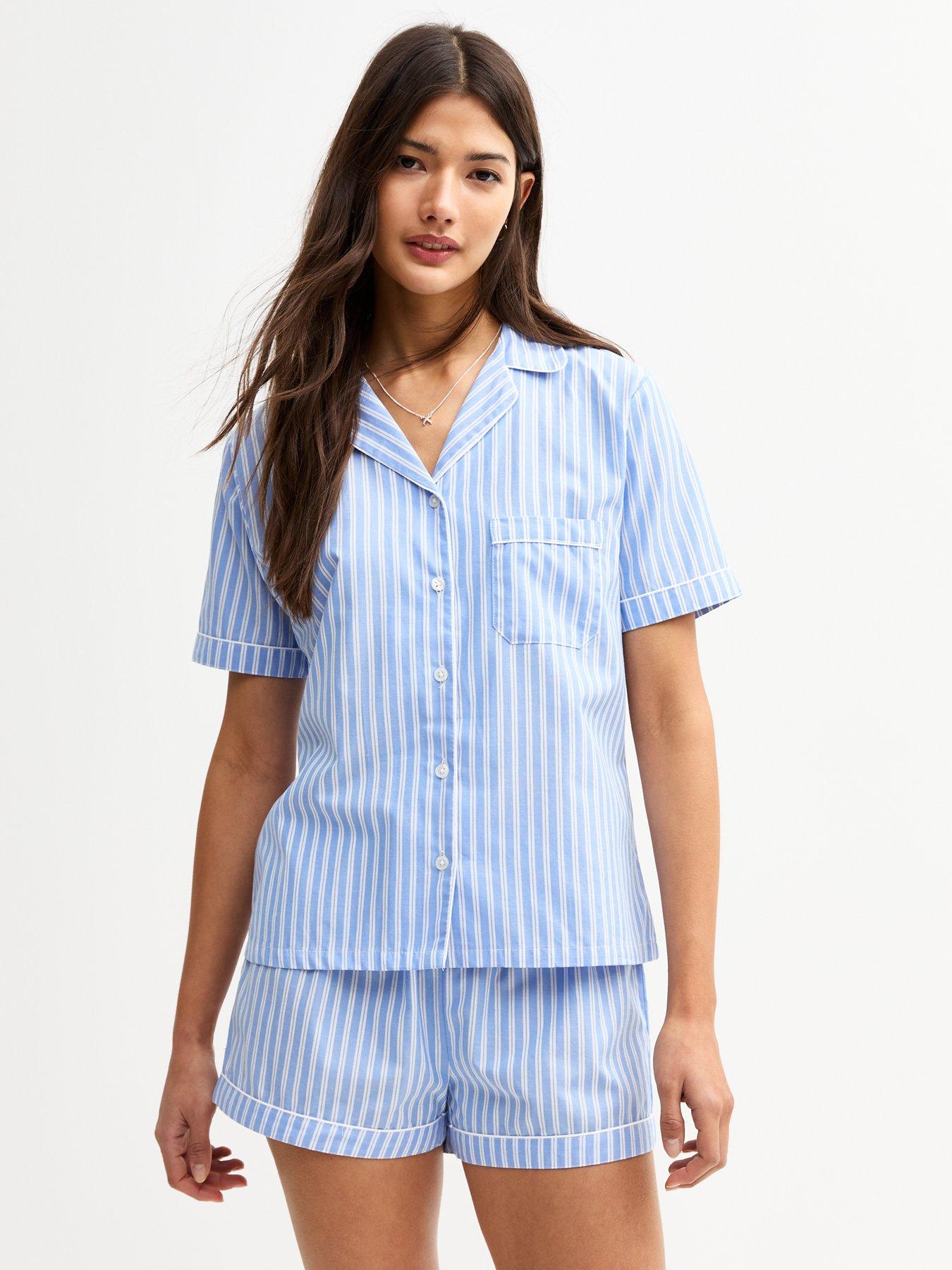 undefined Poplin Stripe Short Sleeve Pyjama Set - Blue
