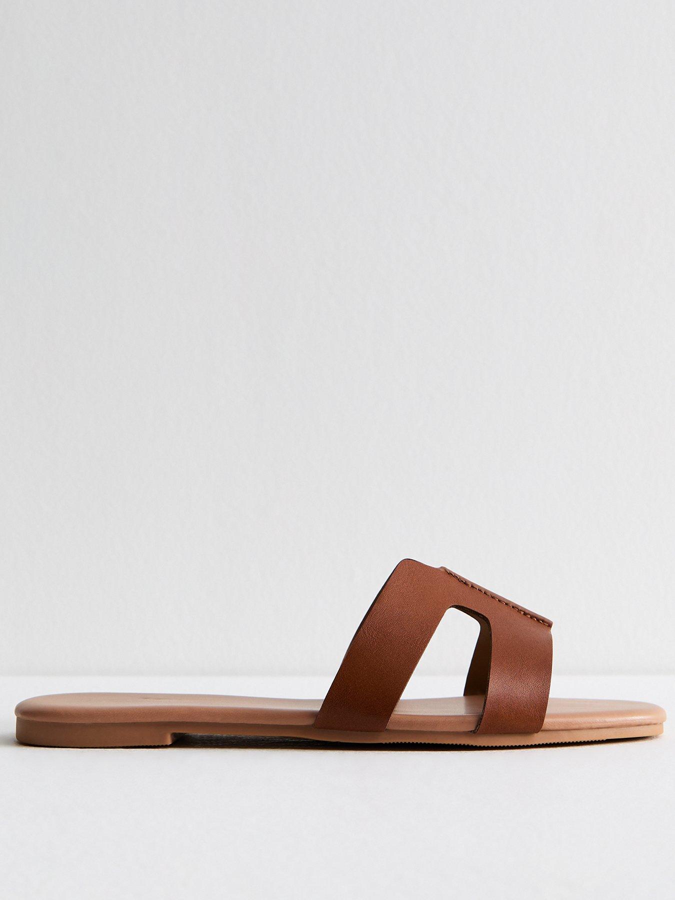 undefined Tan Faux Leather Cut Out Strap Mules - Brown