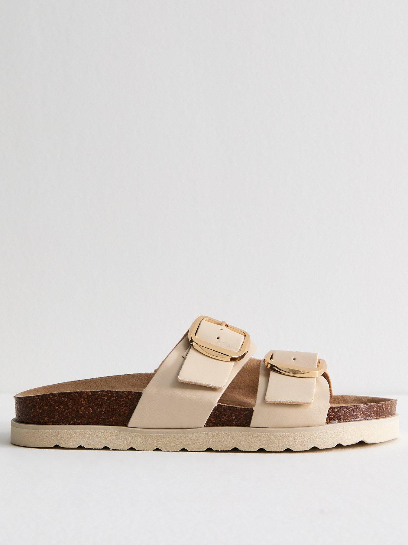 undefined Faux Leather Buckled Strap Sandals - Cream