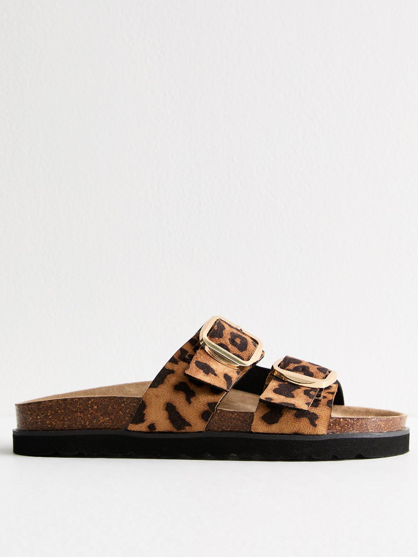 Image 1 of 6 of New Look Stone Faux Leather Leopard Print Buckle Strap Sandals