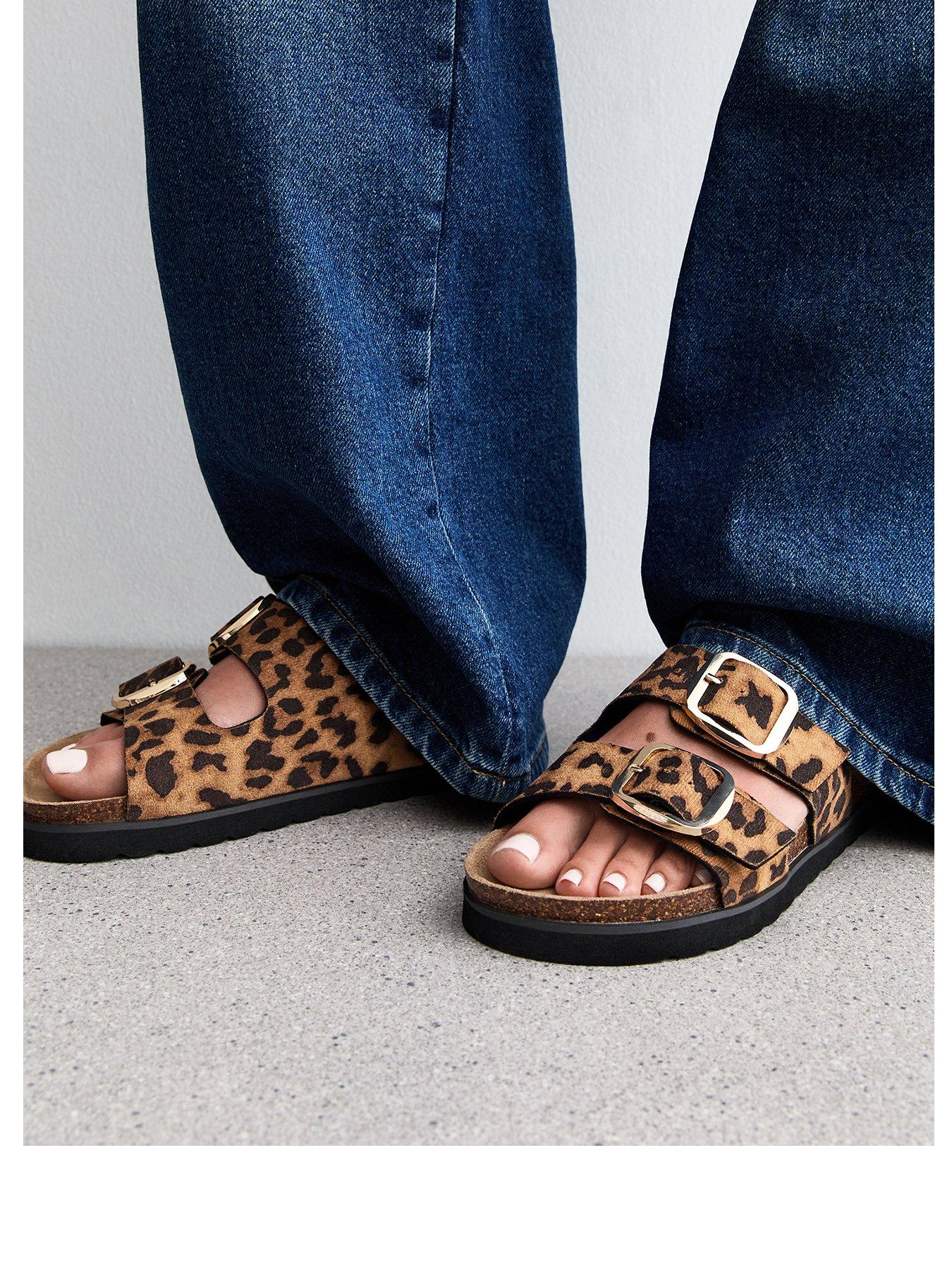 Image 2 of 6 of New Look Stone Faux Leather Leopard Print Buckle Strap Sandals