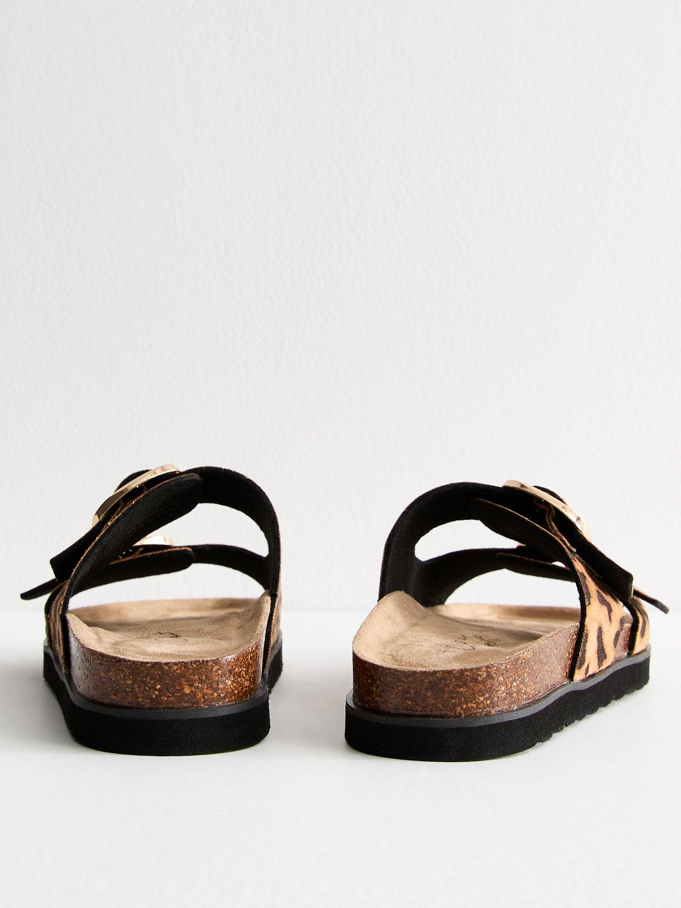 Image 3 of 6 of New Look Stone Faux Leather Leopard Print Buckle Strap Sandals