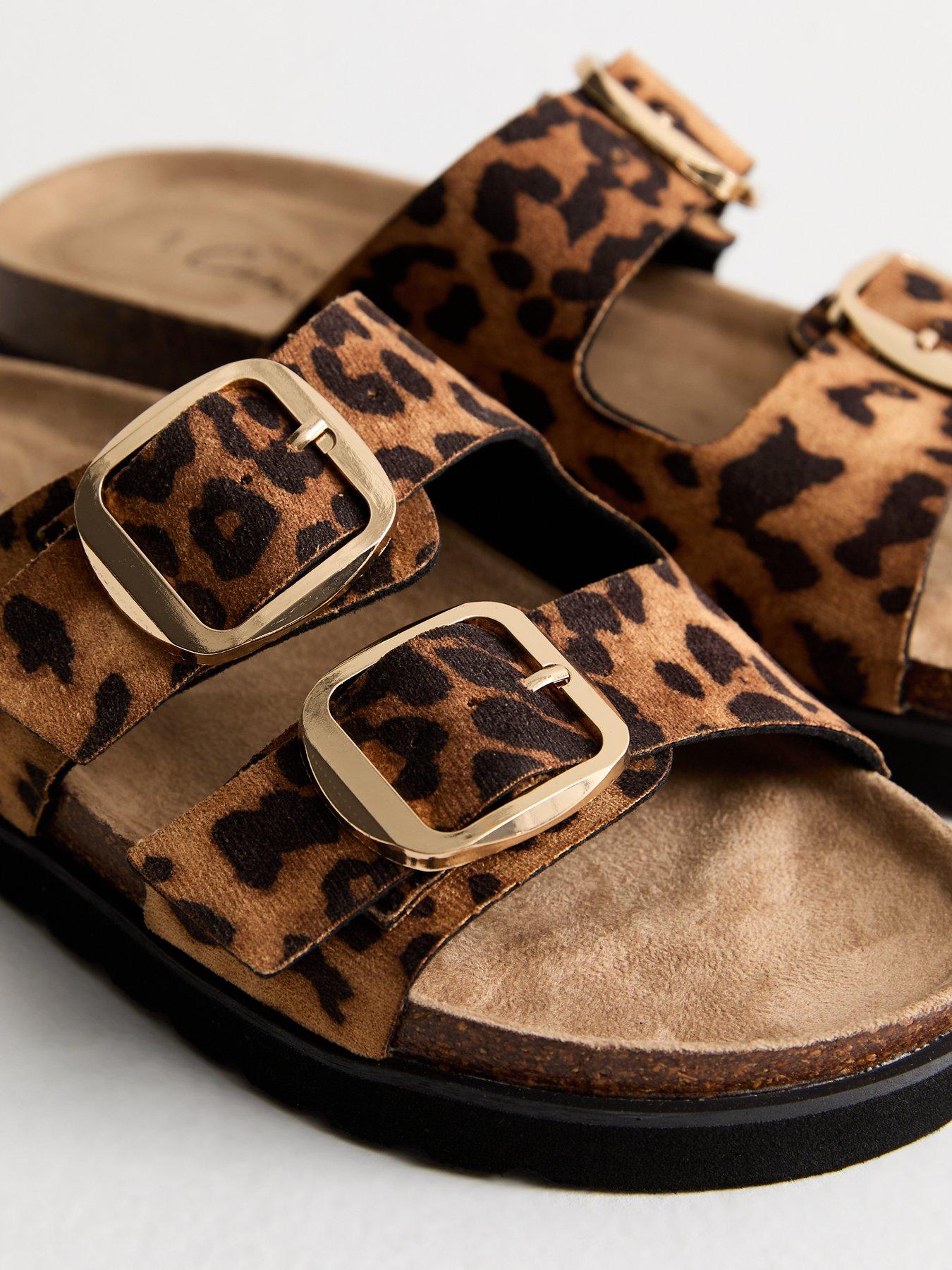 Image 5 of 6 of New Look Stone Faux Leather Leopard Print Buckle Strap Sandals