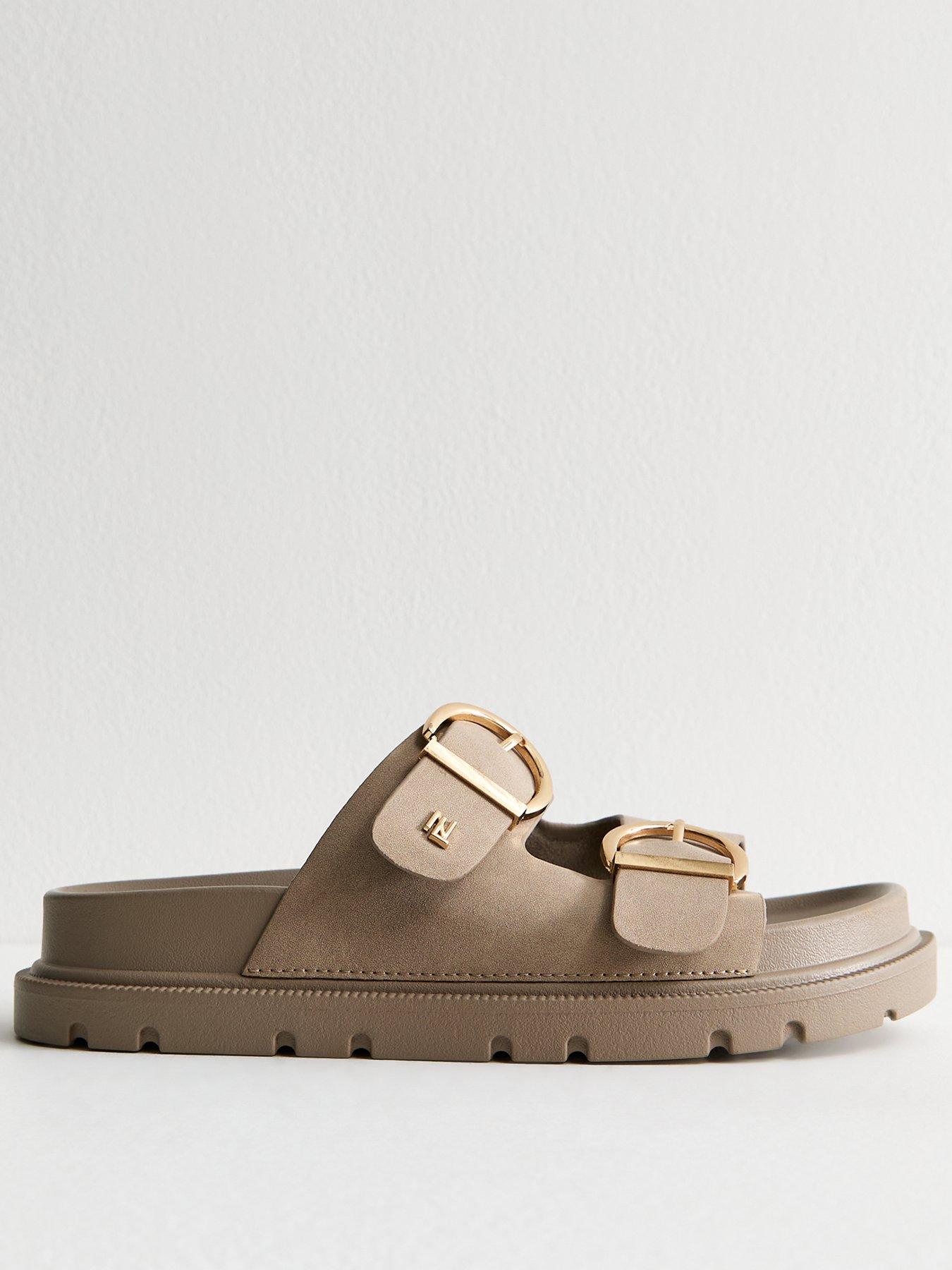 undefined Wide Fit Faux Leather Buckle Strap Sandals - Brown