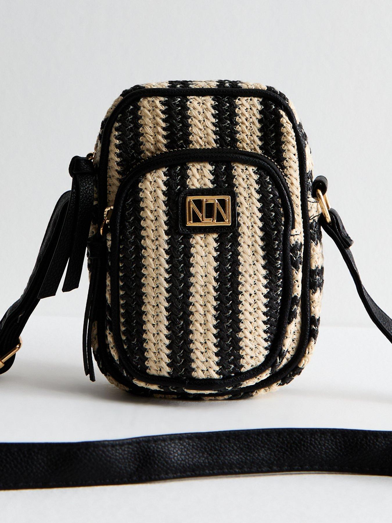 undefined Striped Raffia Crossbody Phone Bag - Black
