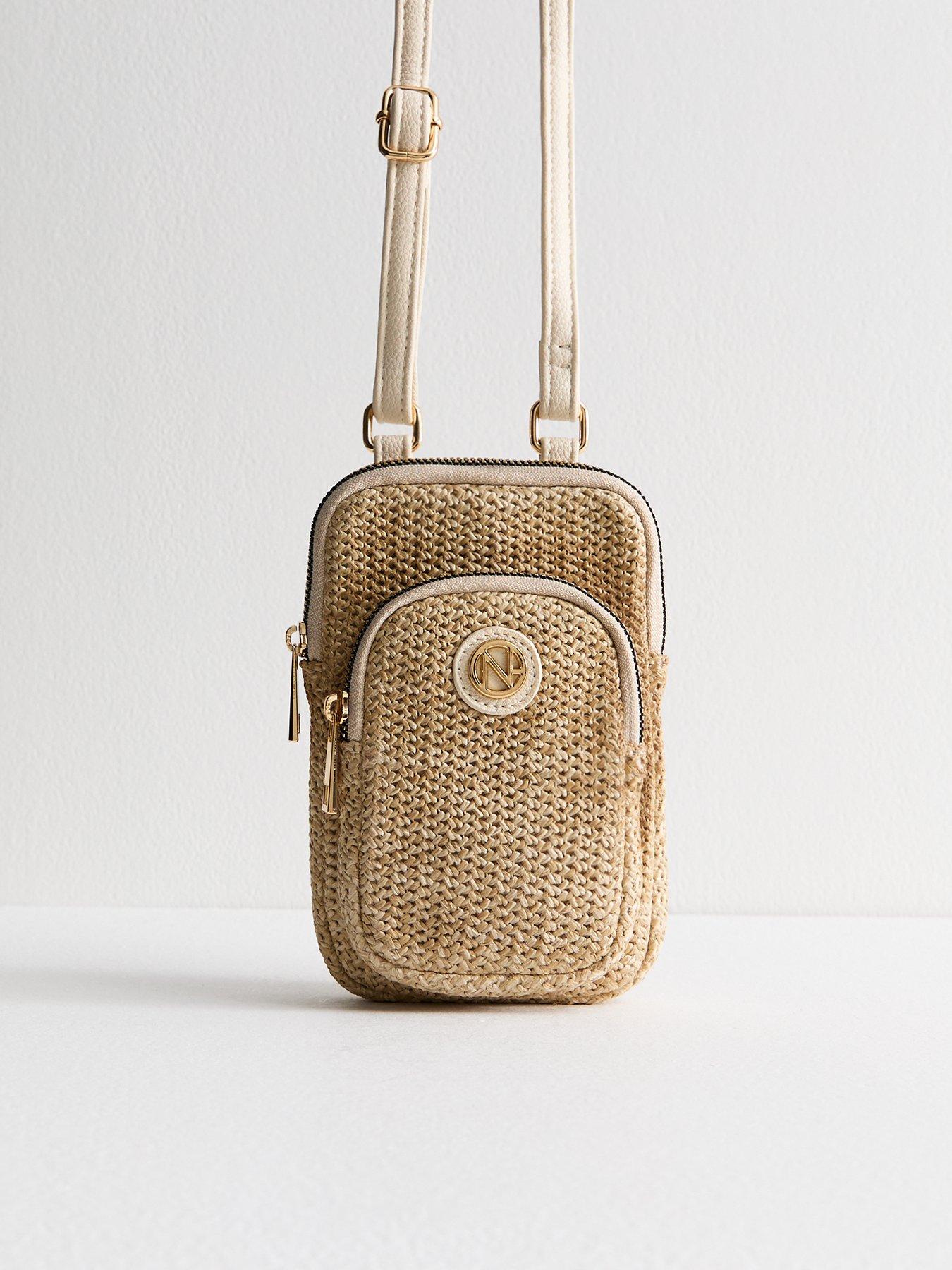 undefined Brown Raffia Look Logo Plaque Crossbody Bag