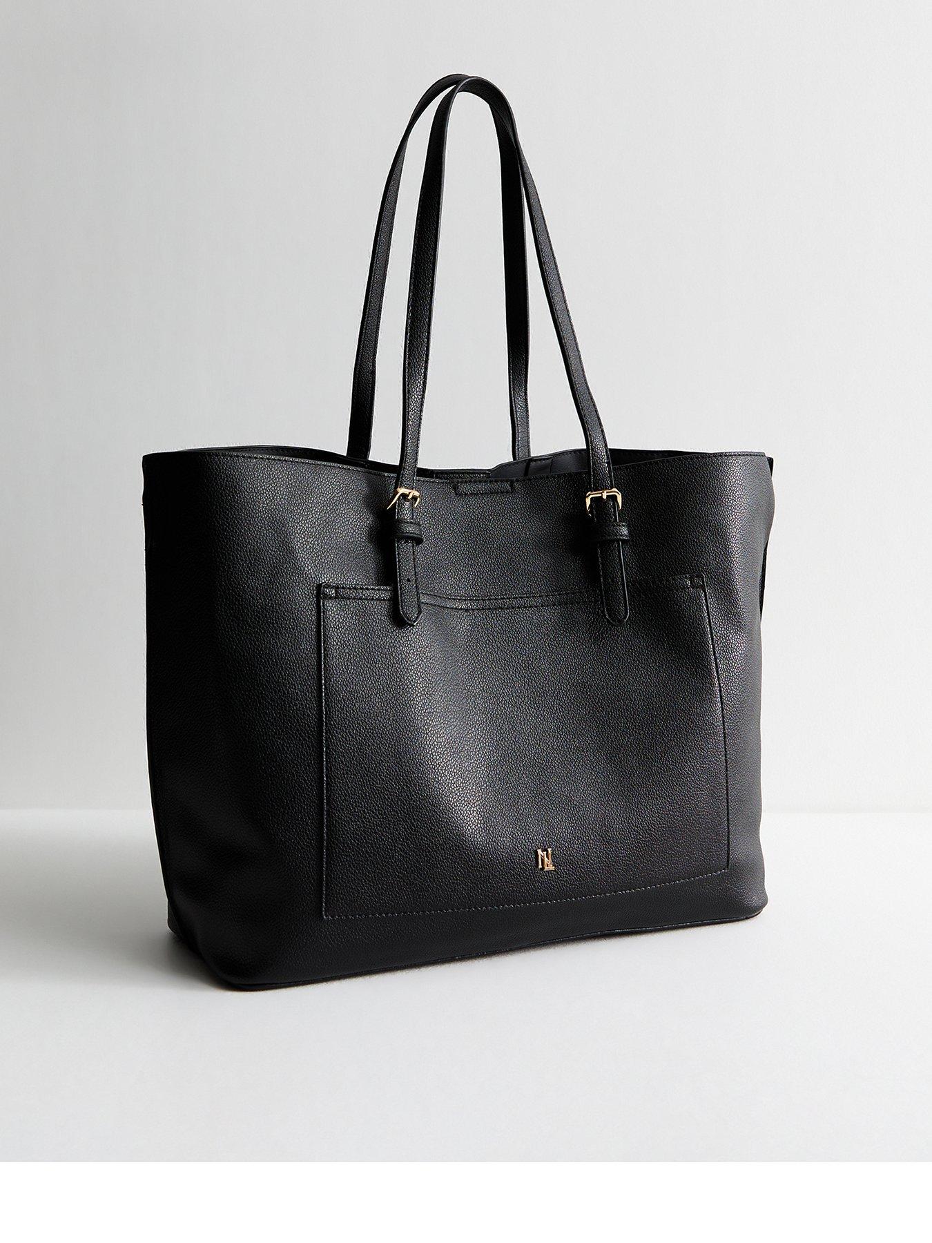 undefined Black Grained Faux Leather Front Pocket Tote Bag