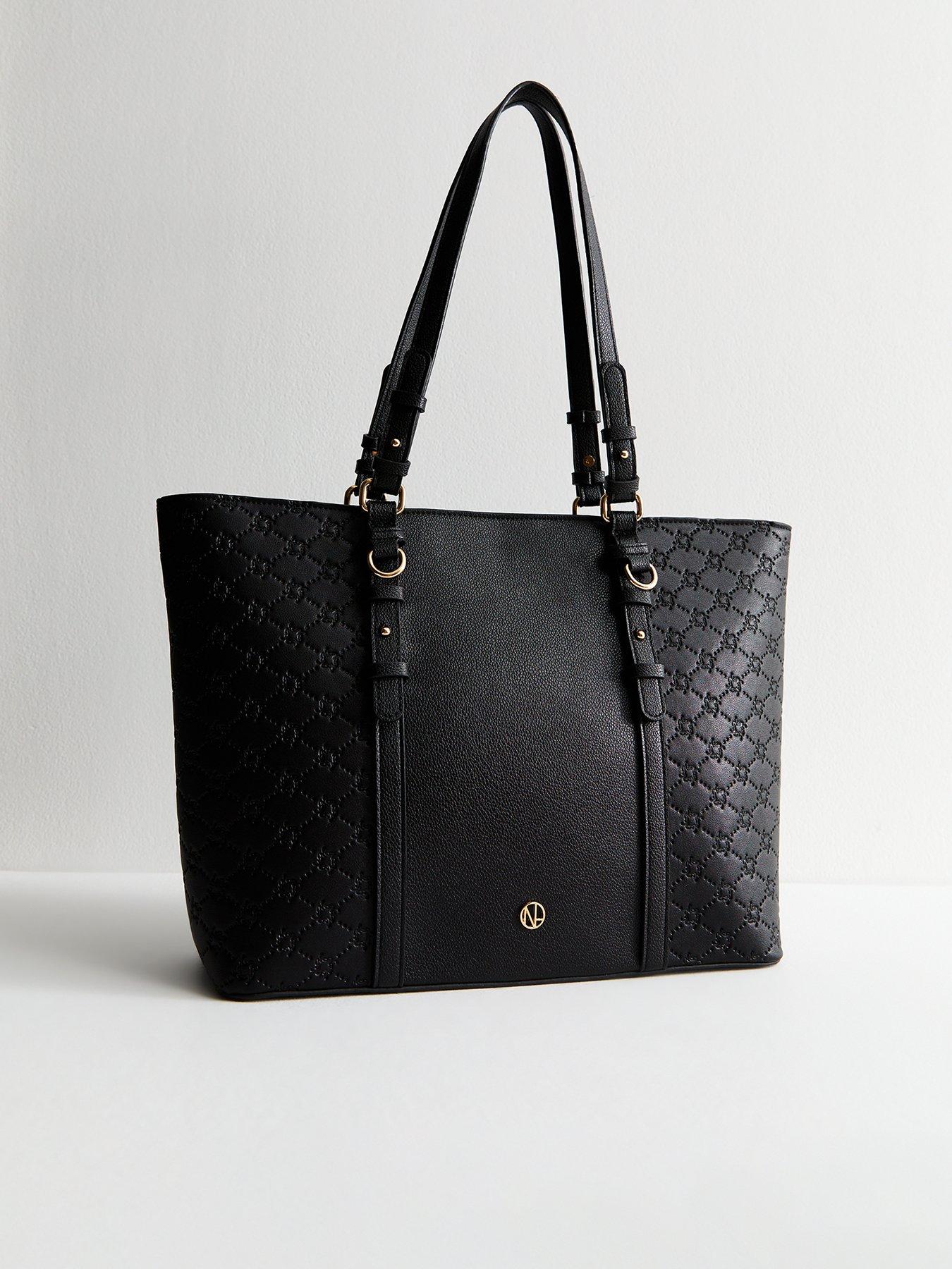 undefined Black Faux Leather Logo Debossed Tote Bag