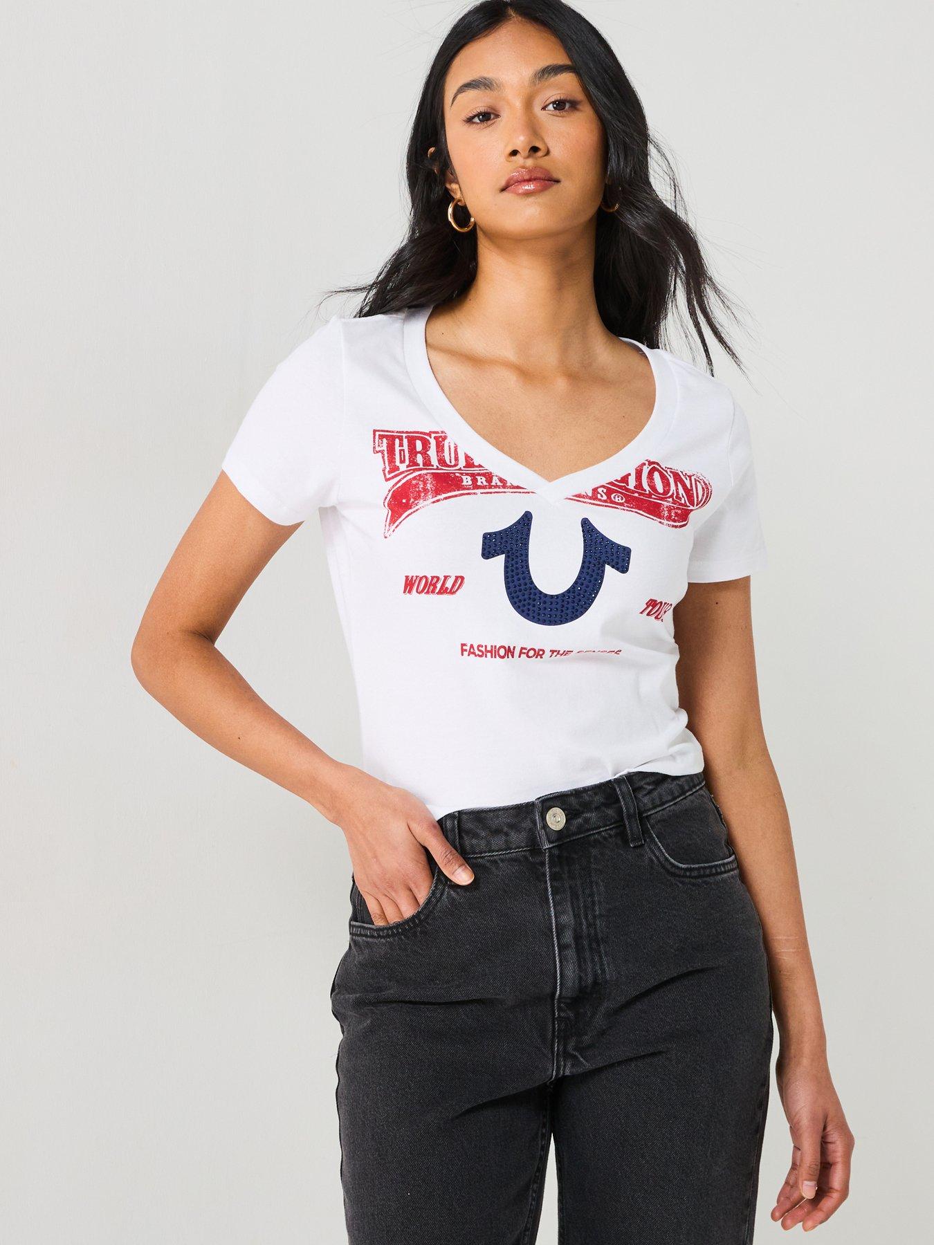 undefined Distressed Short Sleeved Crystal V Neck Baby Tee - White