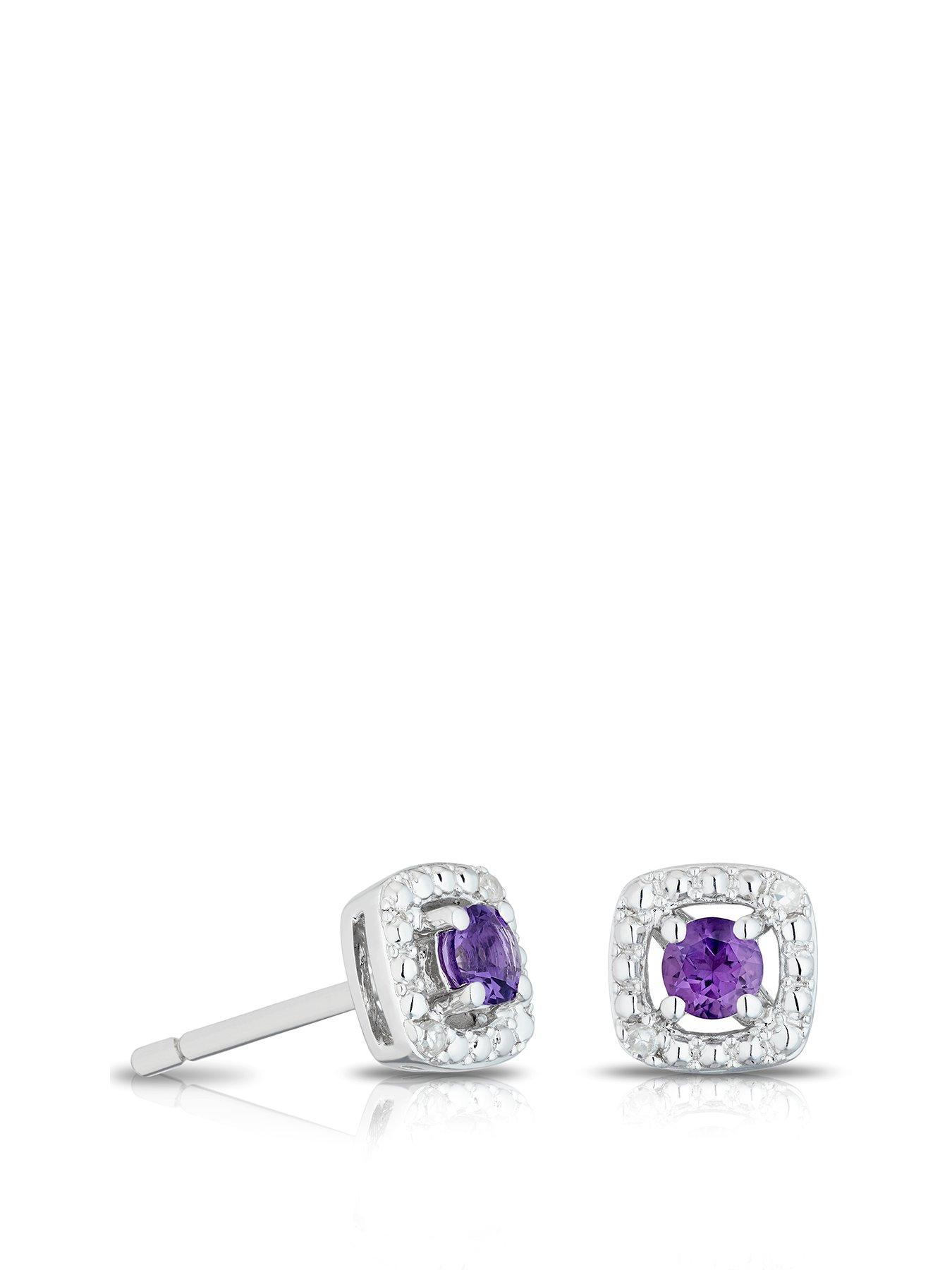 undefined Sterling Silver Earrings. Diamond & Amethyst February BirtH. SAMUEL tone Earrings