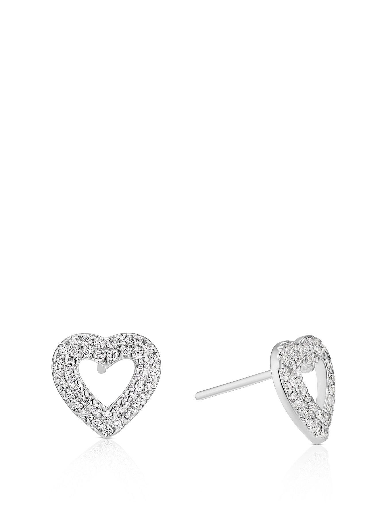 H. Samuel Sterling Silver Earrings. Cubic Zirconia Pavé Open Heart Stud Earrings