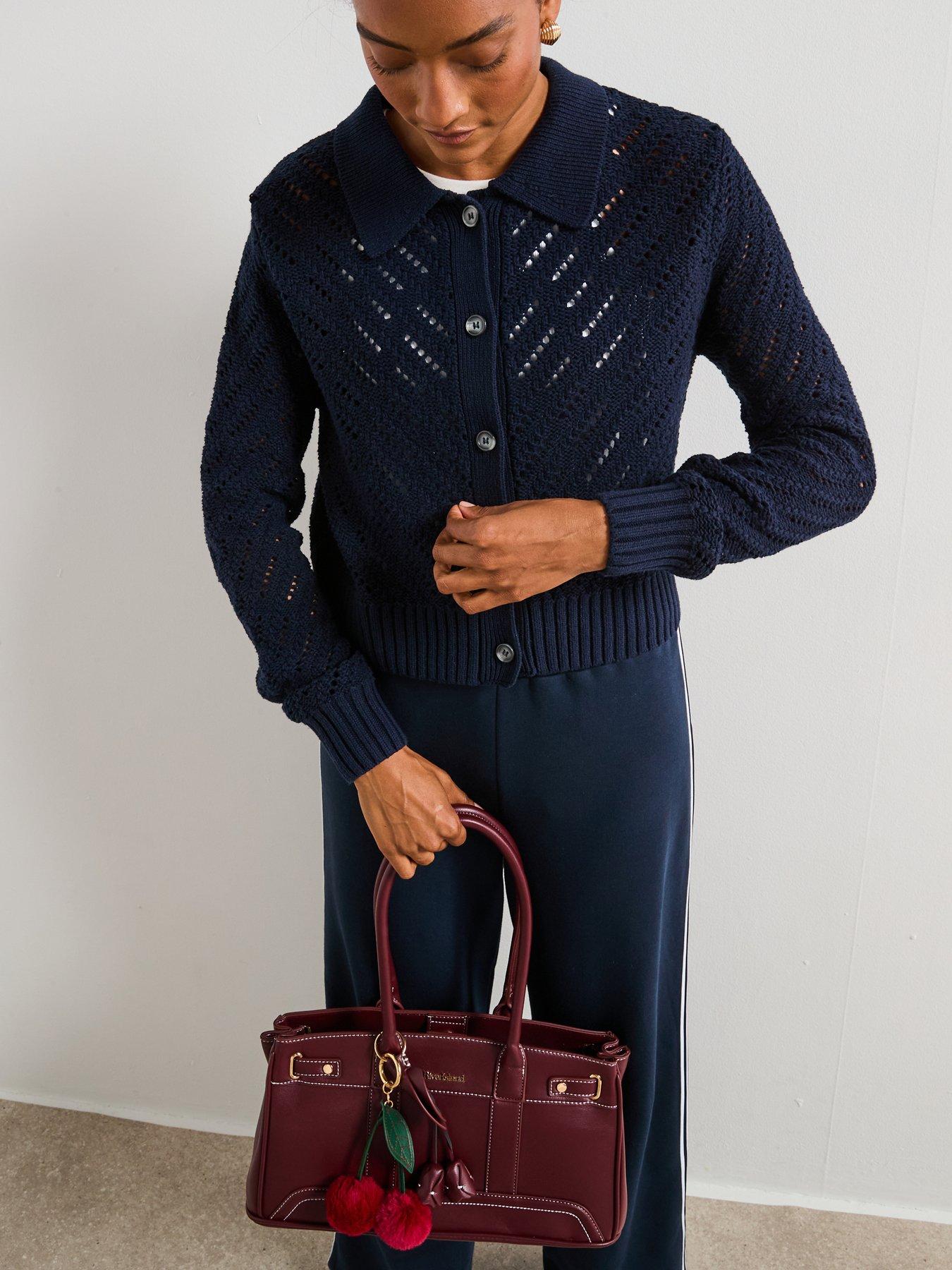 undefined Open Stitch Collared Cardigan - Navy