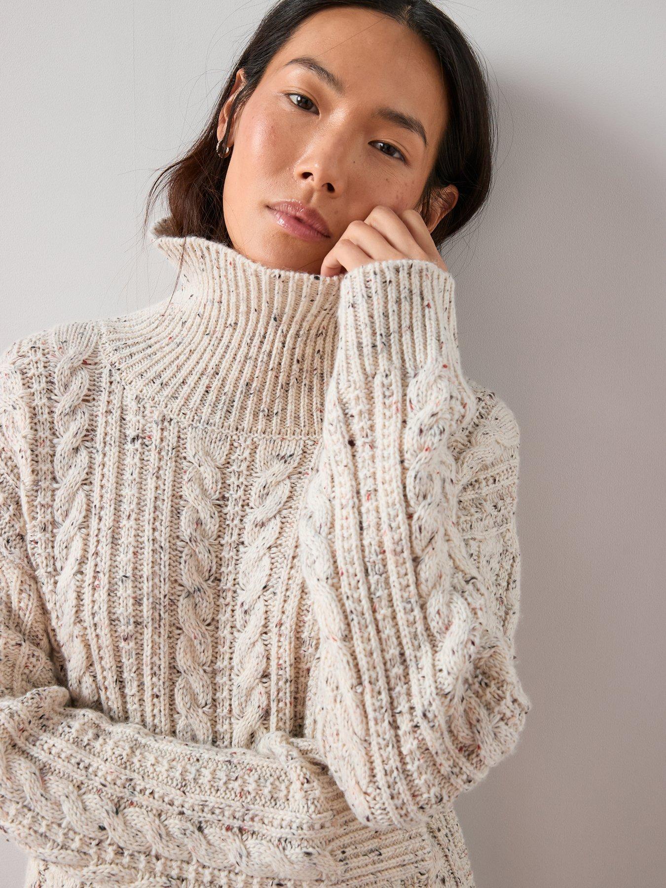 The Very Collection: Funnel Neck Cable Knit Jumper with Wool - Beige
