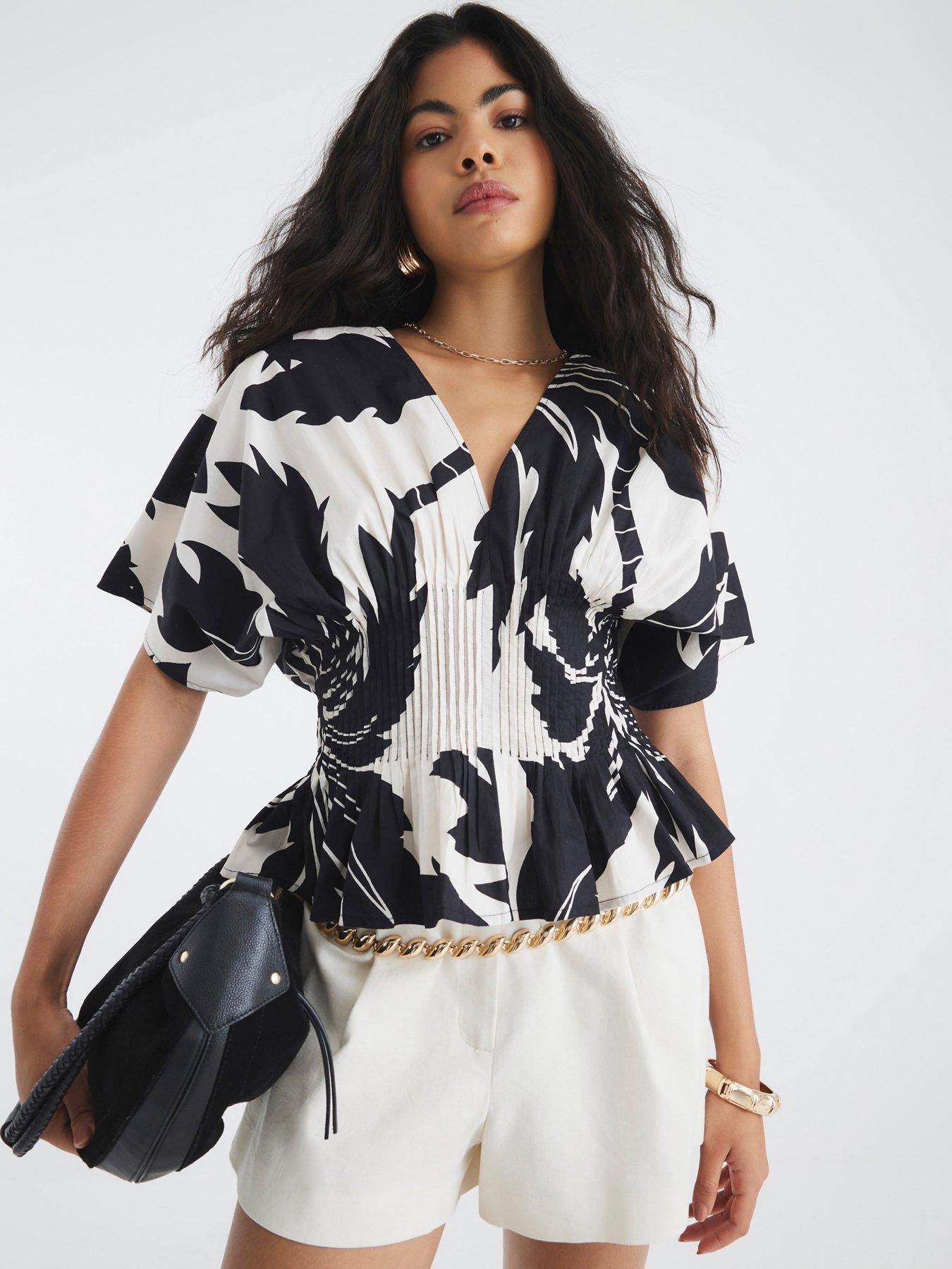 undefined Short Sleeve Poplin Shirred Top - Black