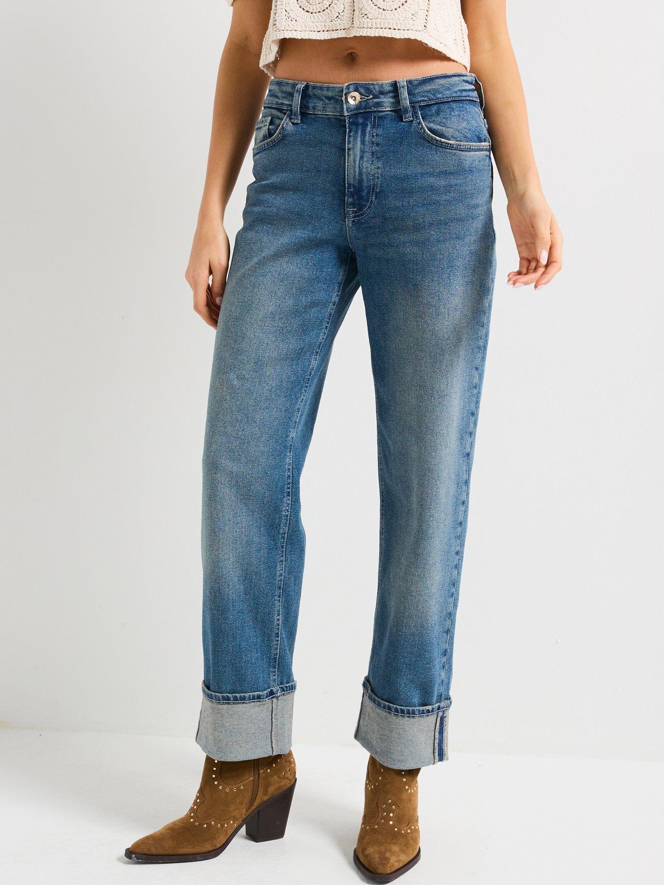 undefined Mid Waist Fold Up Straight Jean - Blue