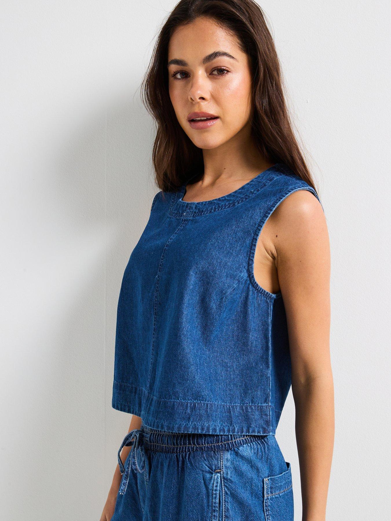 undefined Round Neck Denim Top - Blue