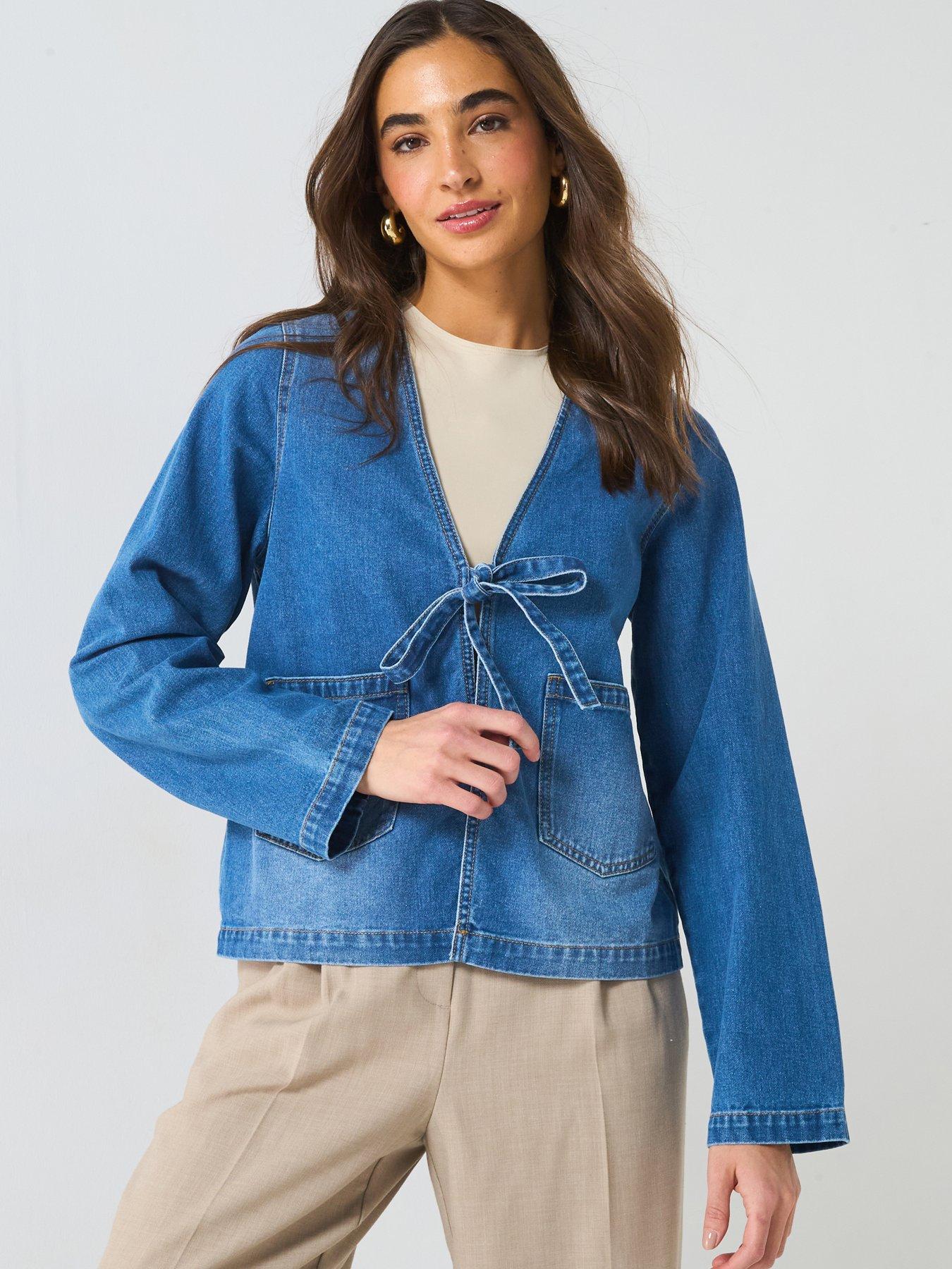 undefined Tie Detail Denim Jacket - Blue