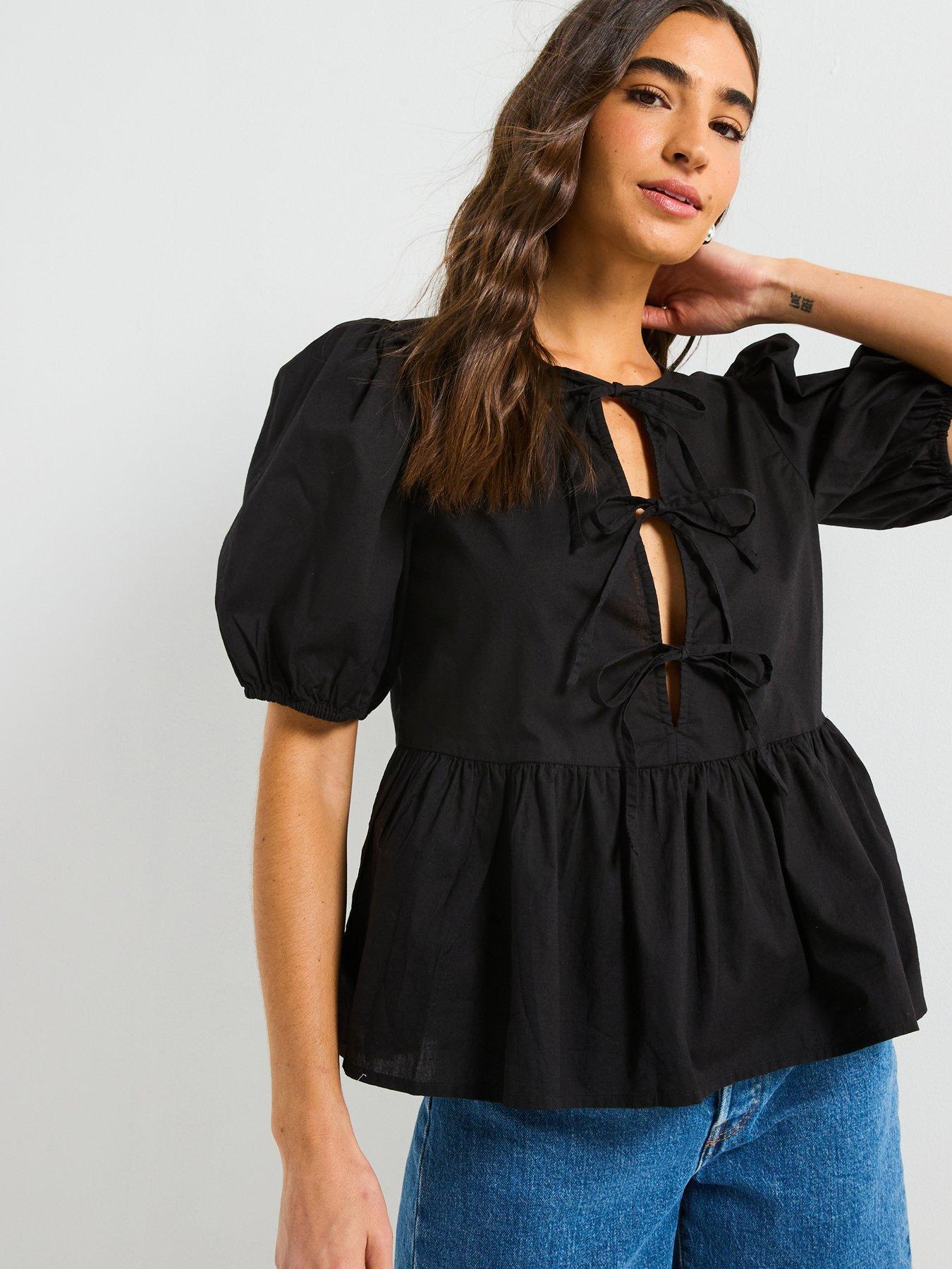 PIECES: Tie Detail Blouse - Black