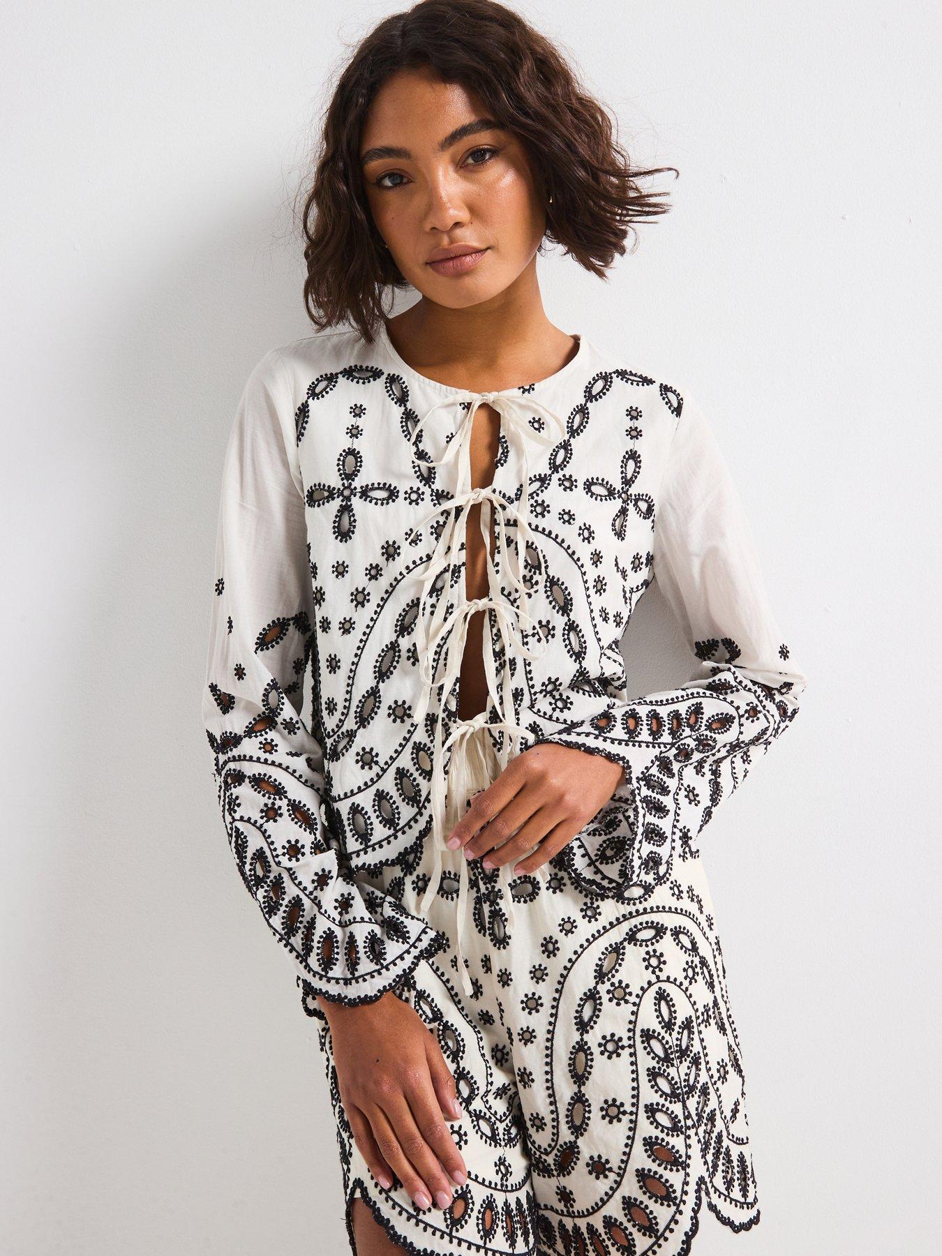 Rouge Broderie Tie Front Top - White/Black | Very