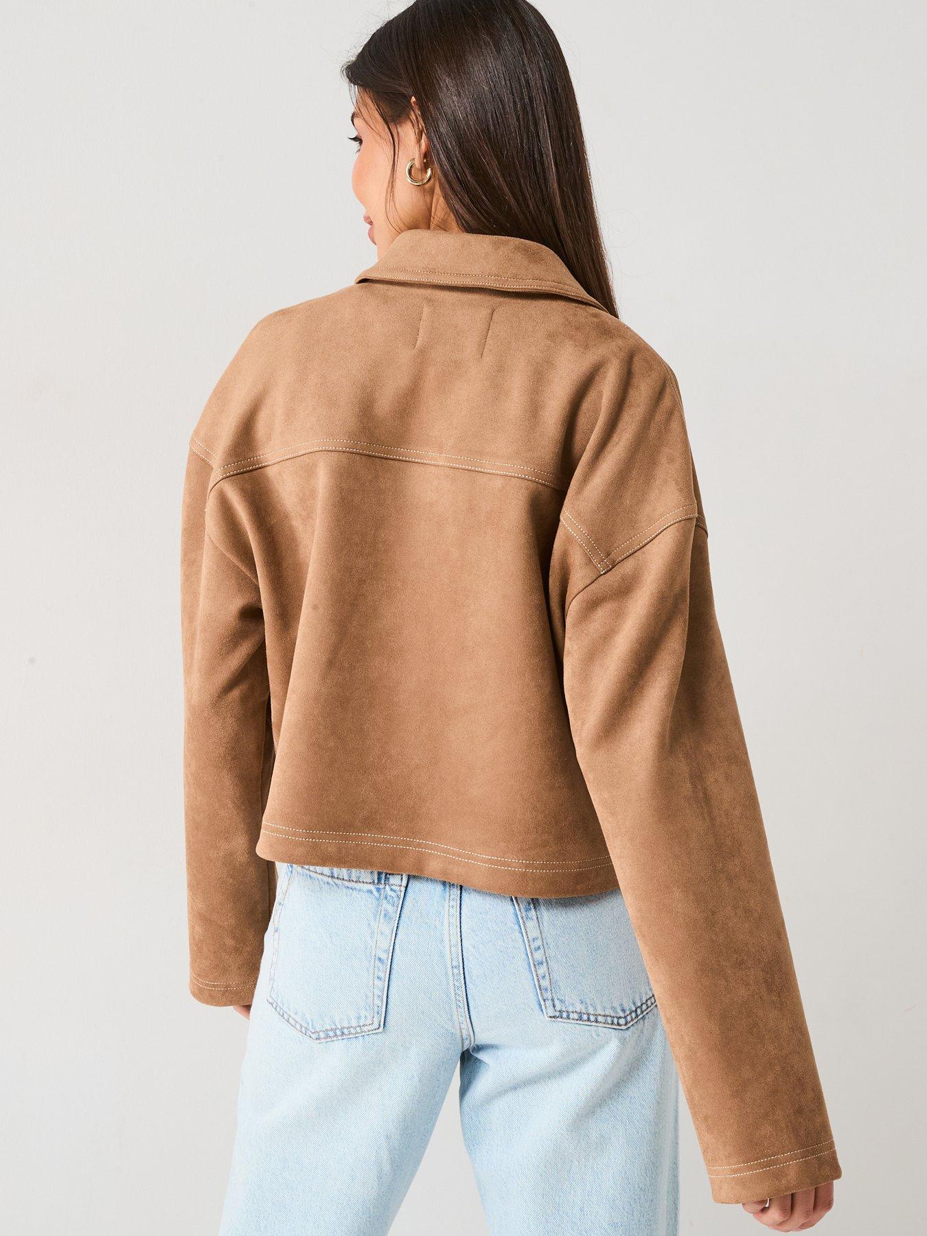 Dark Brown Faux Suede Leather Oversized Button-Down Long Sleeve Jacket main image 1