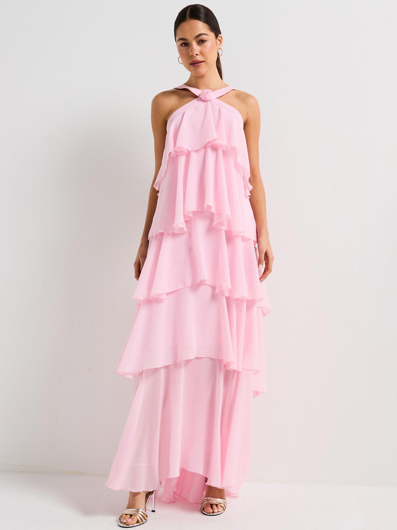 undefined Ruffle Halter Neck Maxi Dress - Pink