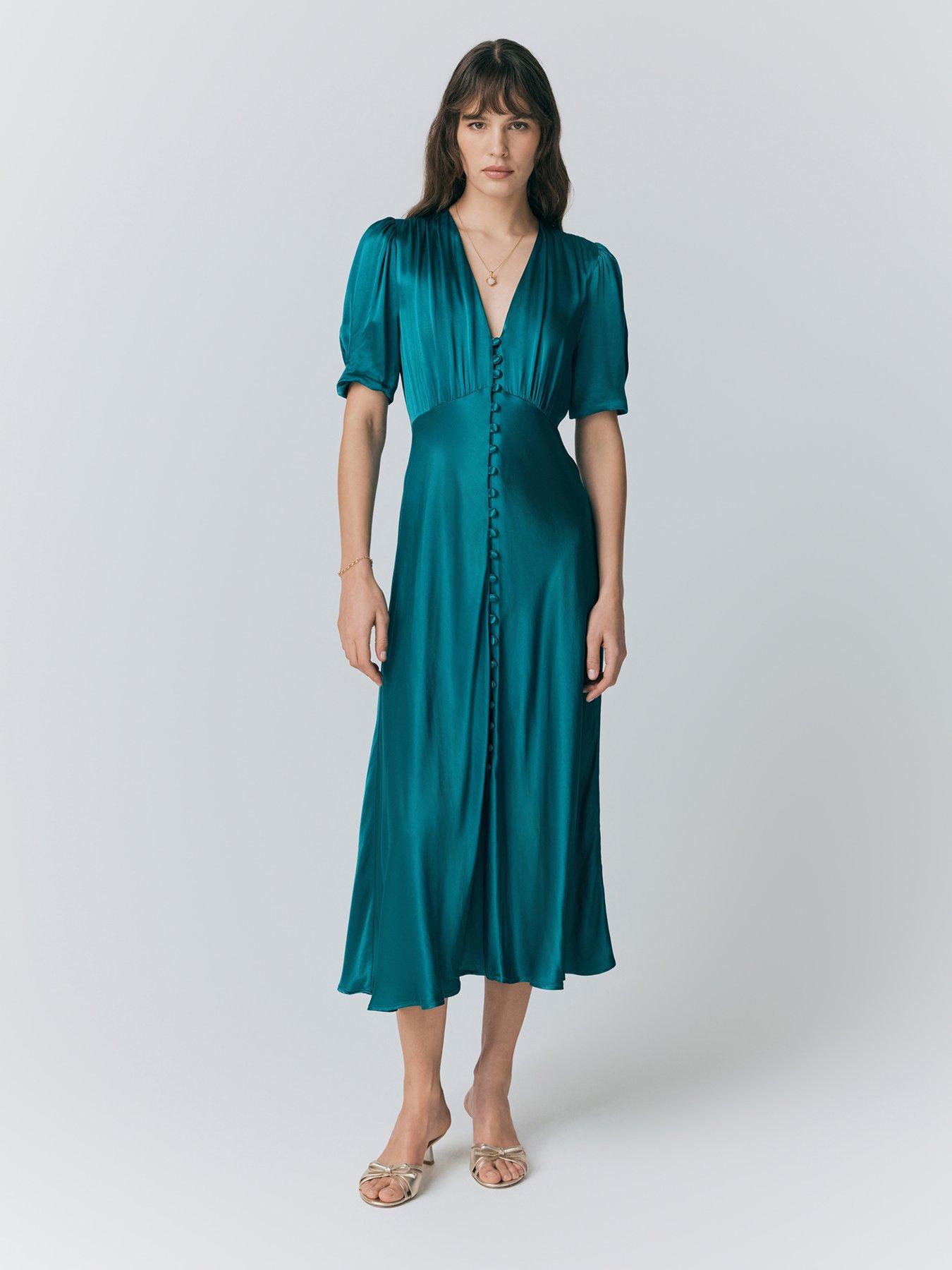Image 1 of 5 of Ghost Madison Satin Button Through Dress - Emerald Sea