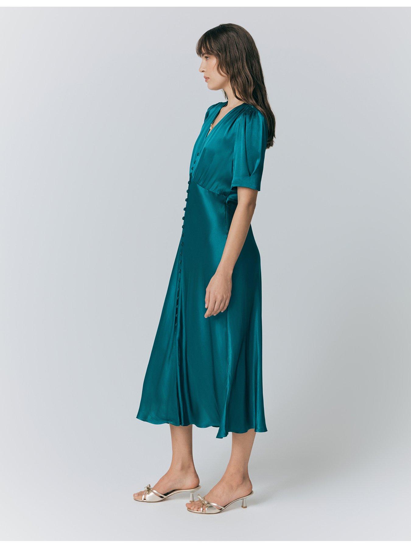 Image 3 of 5 of Ghost Madison Satin Button Through Dress - Emerald Sea