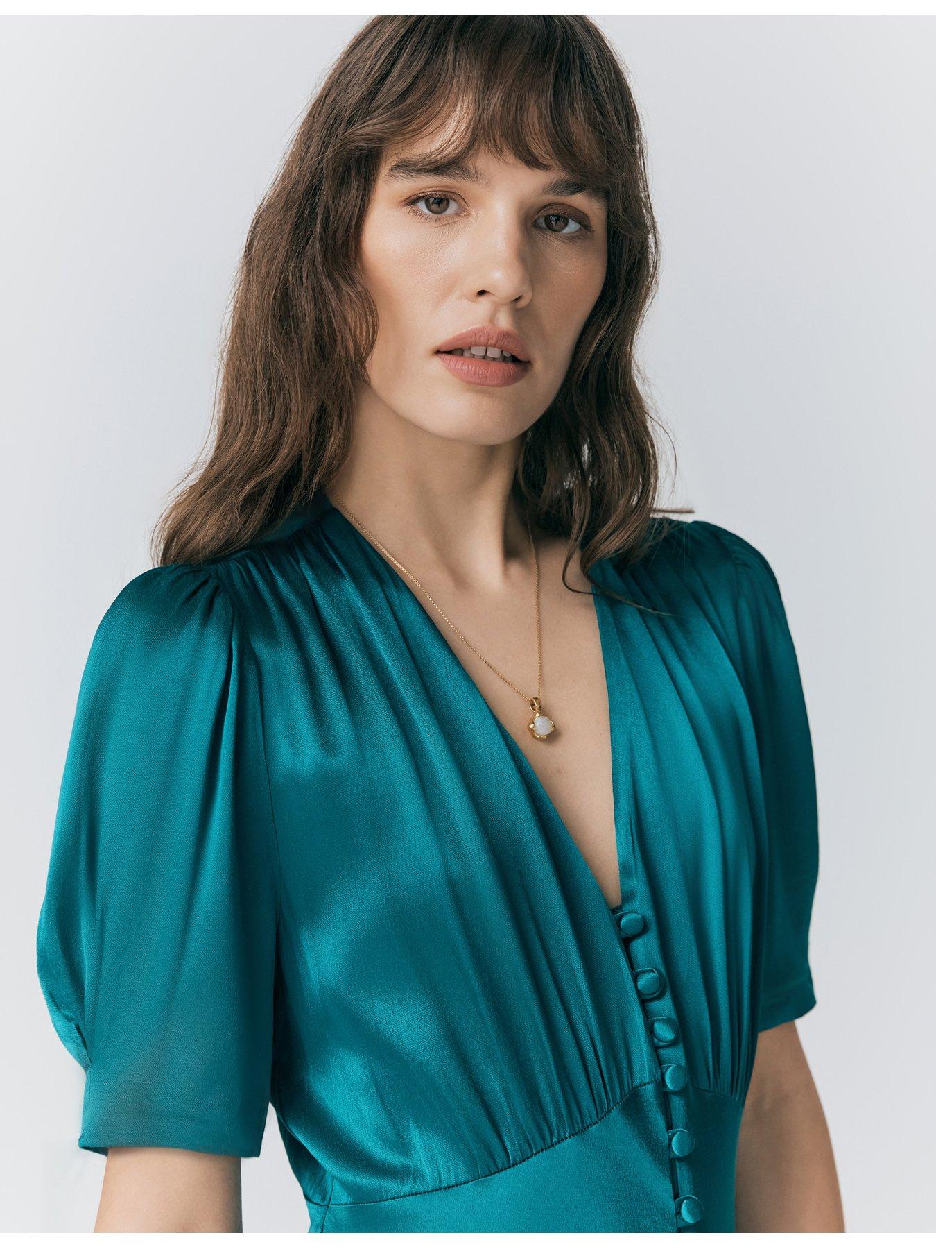 Image 4 of 5 of Ghost Madison Satin Button Through Dress - Emerald Sea