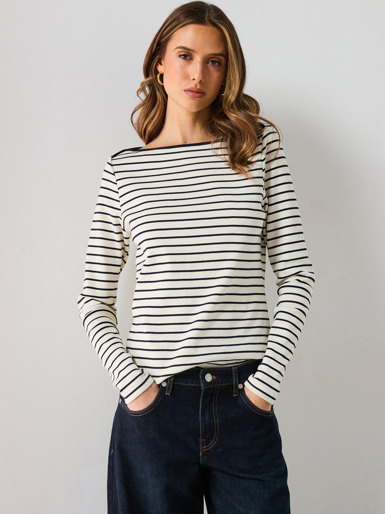 undefined Striped Boat Neck T-Shirt - White