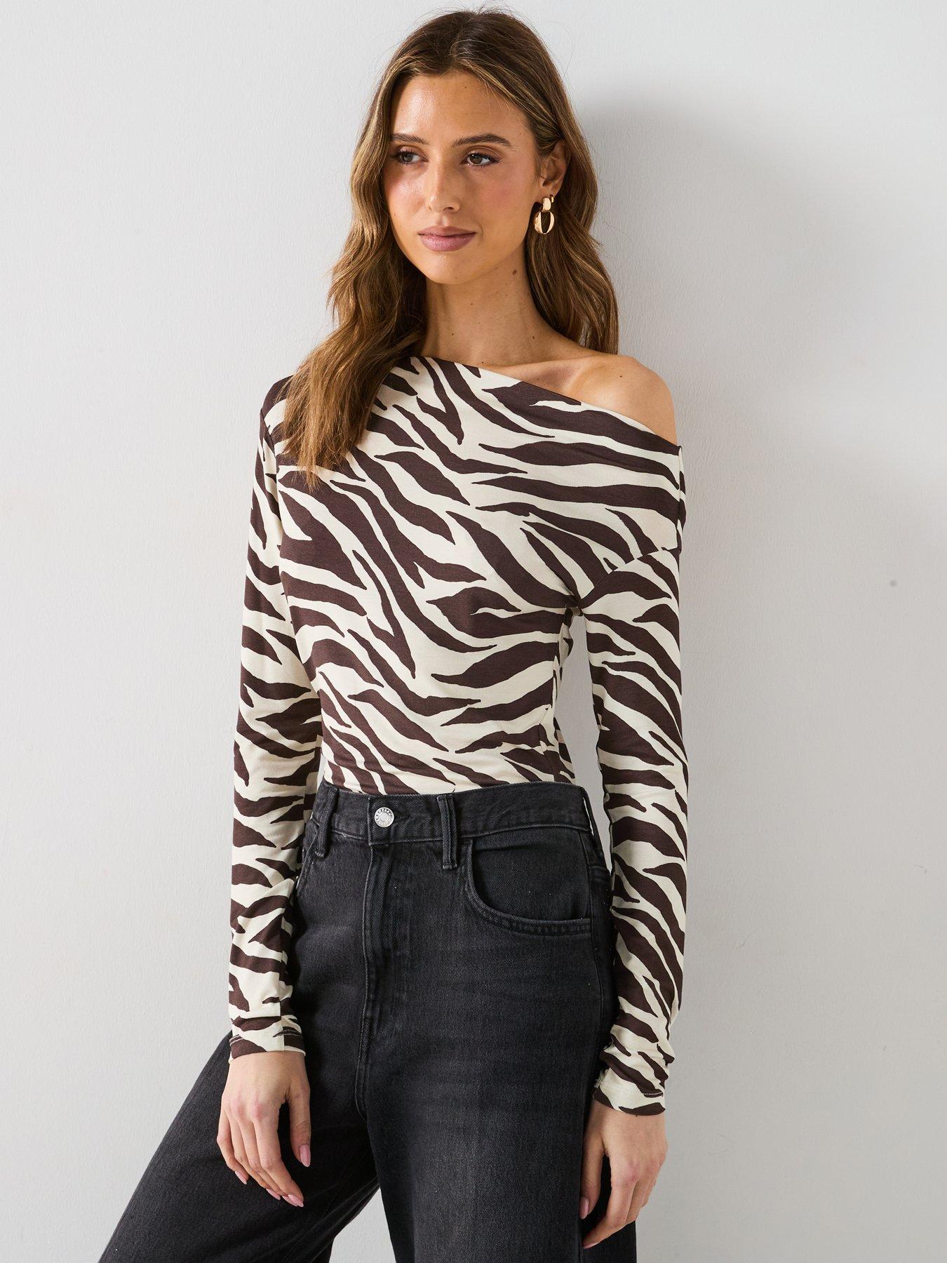 undefined Zebra Print Asymmetrical Neck T Shirt
