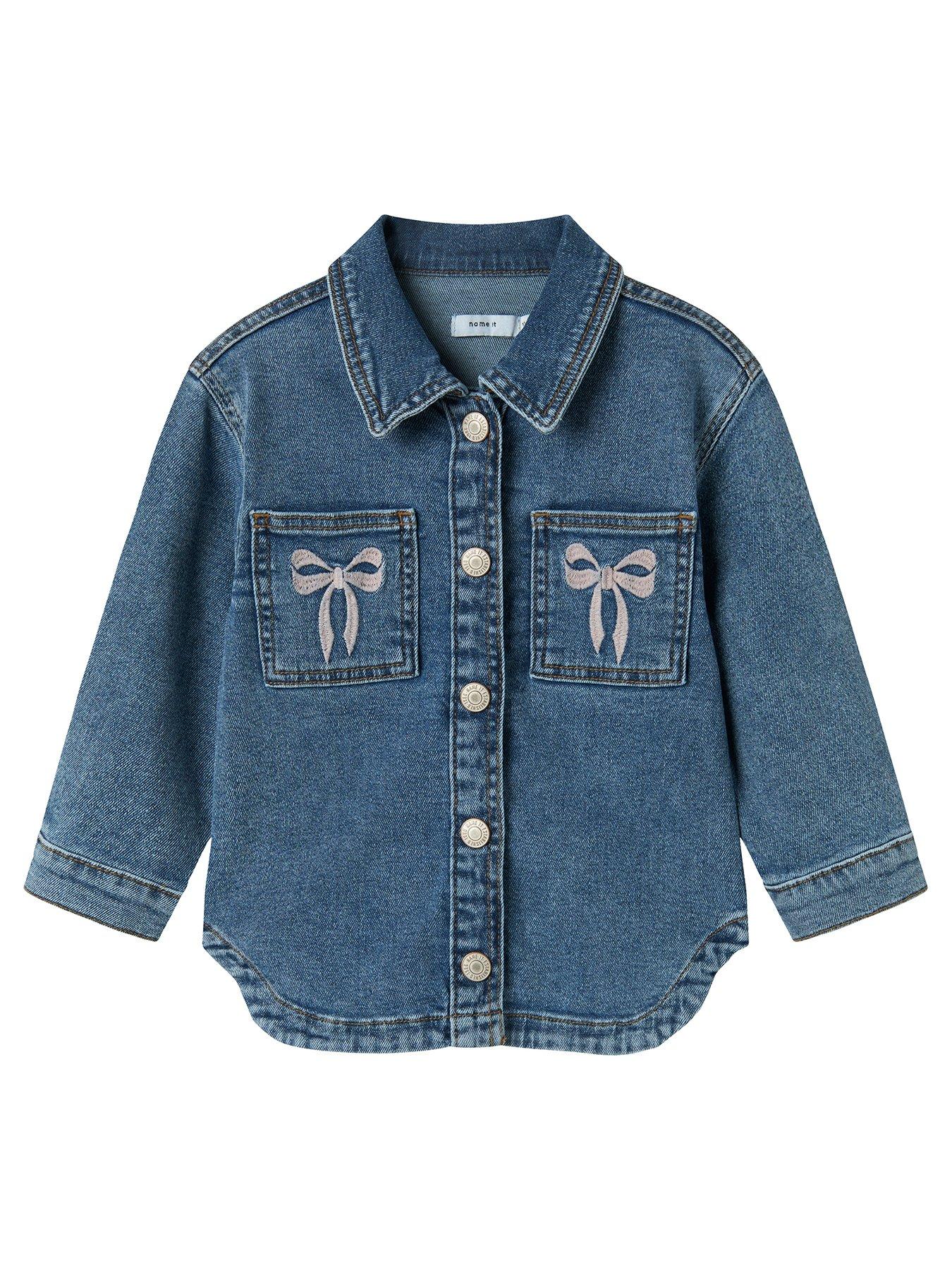 Name It Mini Girls Bow Embroidered Denim Jacket - Medium Blue Denim