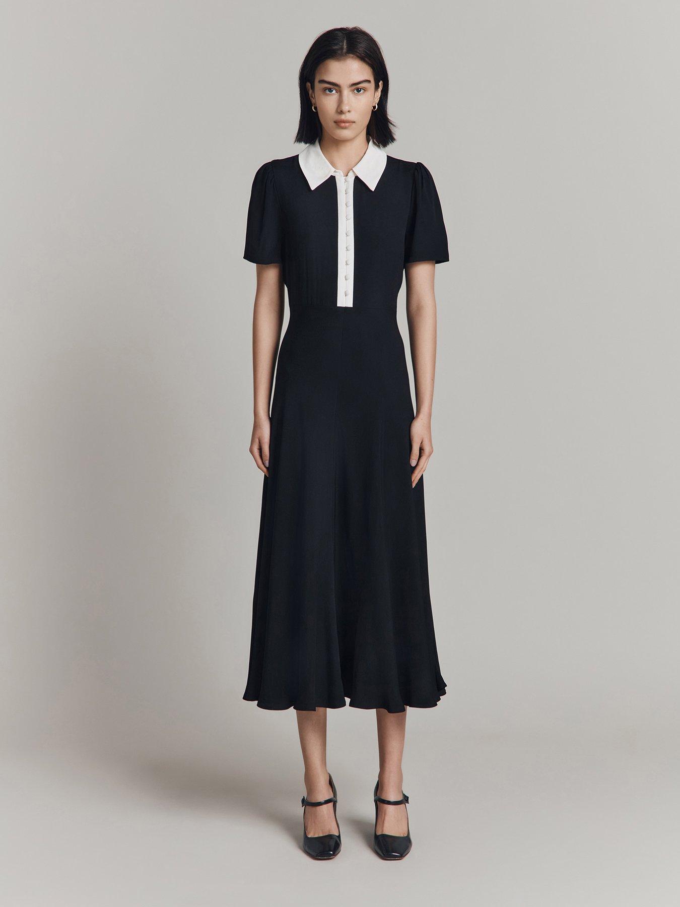 Ghost Bethan Satin Contrast Collar Midi Dress - Black