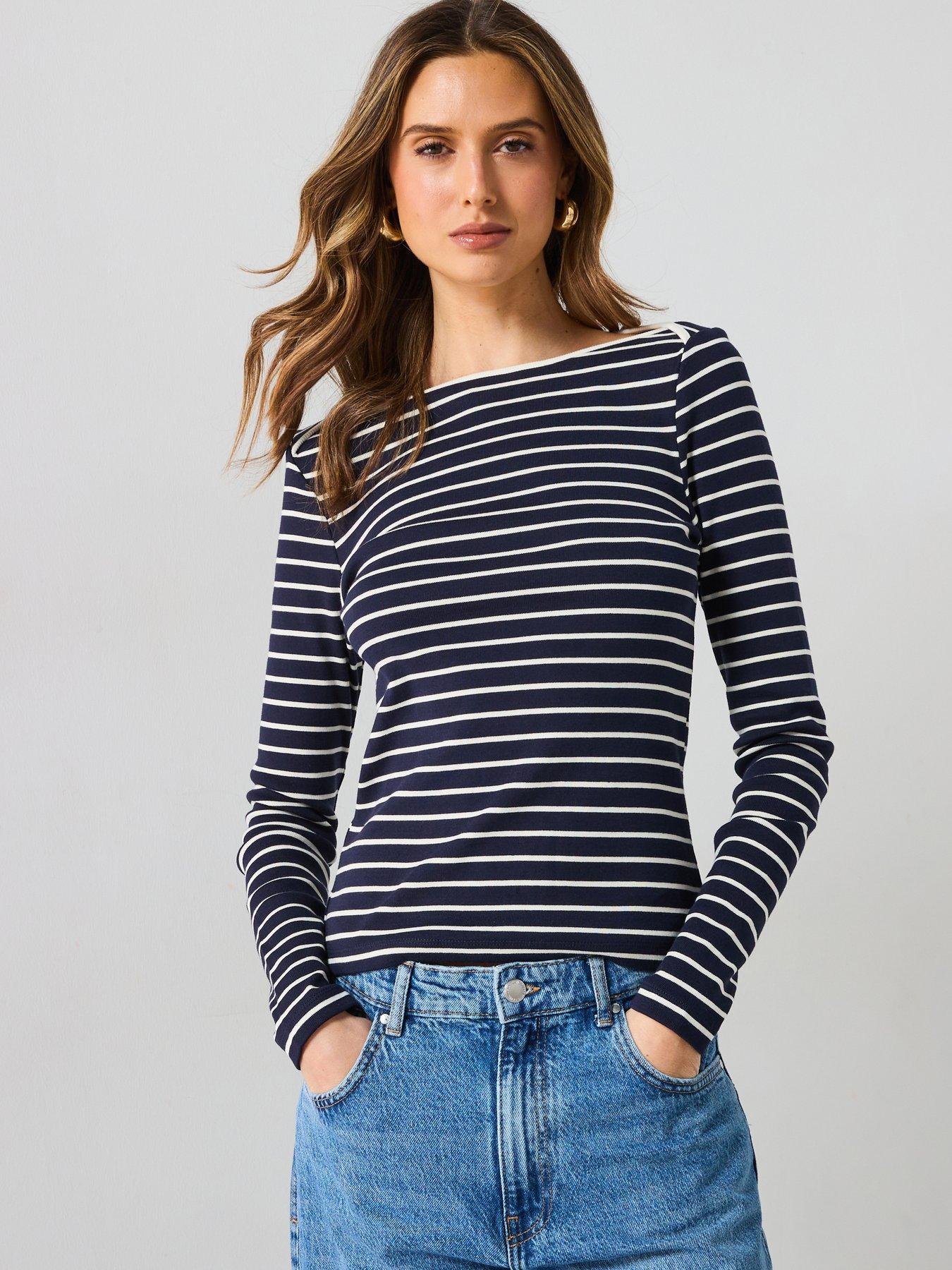 undefined Striped Boat Neck T Shirt - Navy