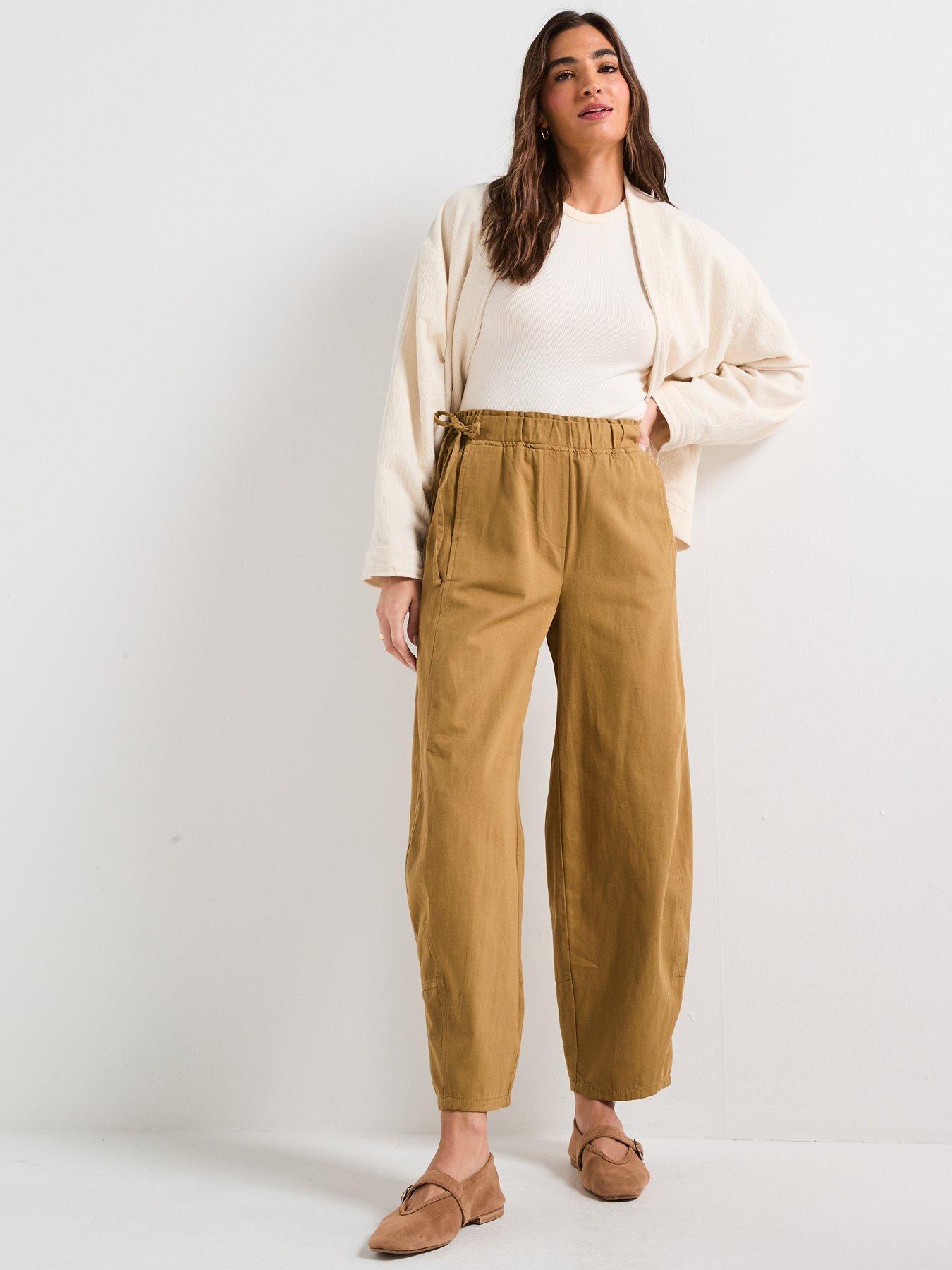 Image 5 of 5 of V by Very Cotton Soft Barrel Leg Trousers - Light Beige