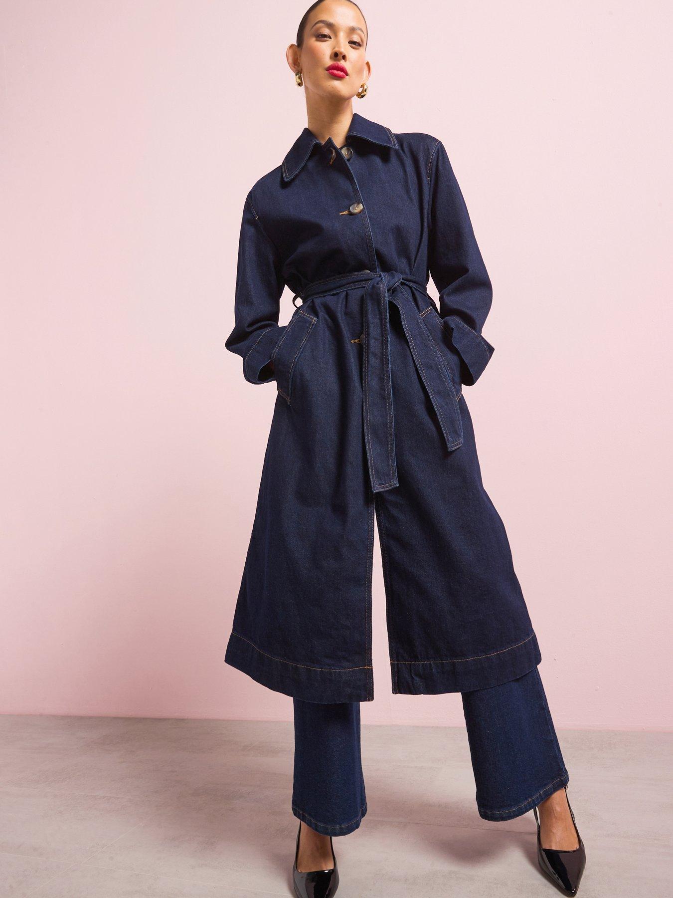 undefined Long Rinse Wash Denim Trench Coat  - Dark Blue