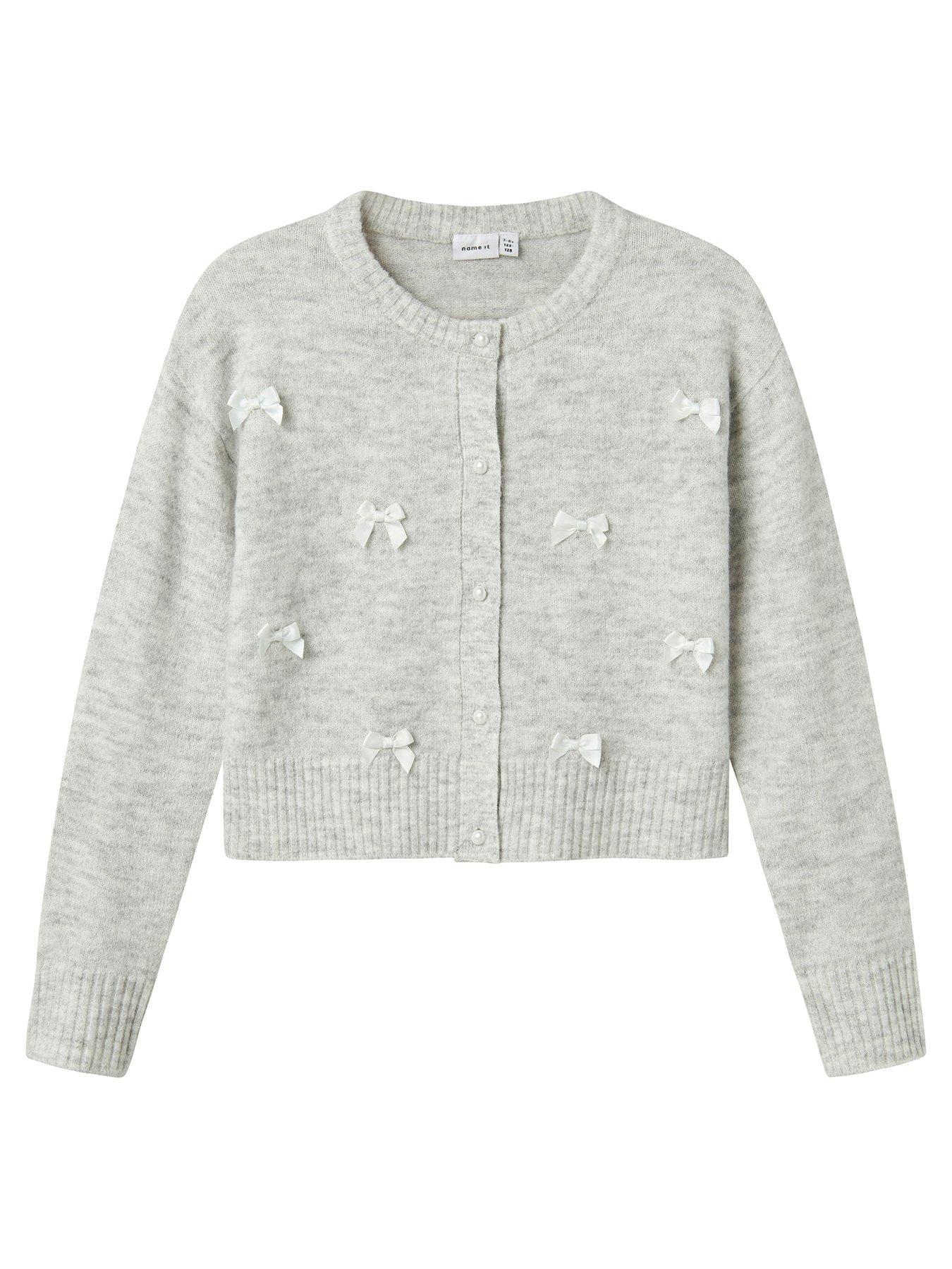 undefined Girls Bow Knitted Cardigan - Light Grey Melange