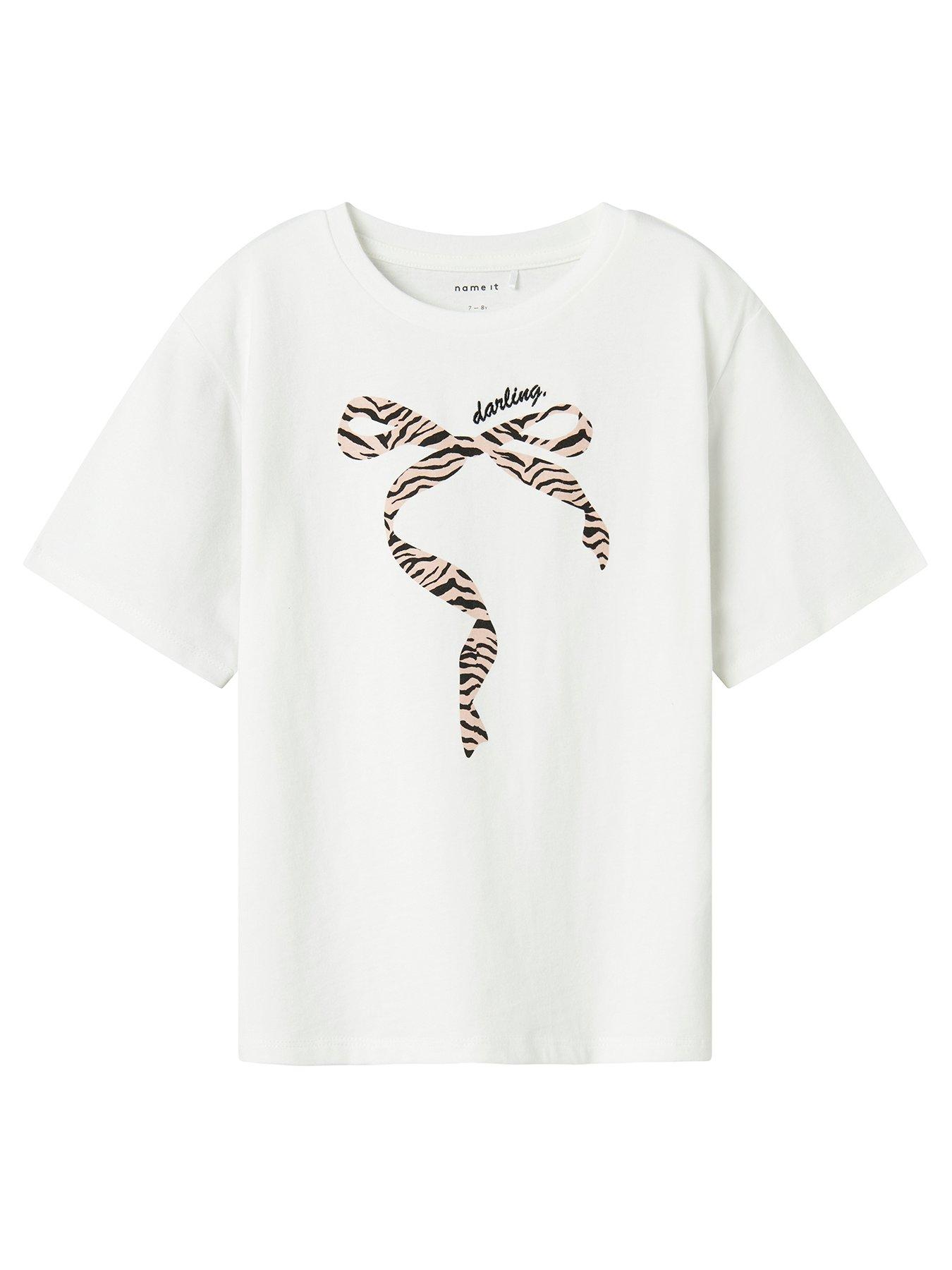 Name It Girls Bow Print Short Sleeve Tshirt - Bright White