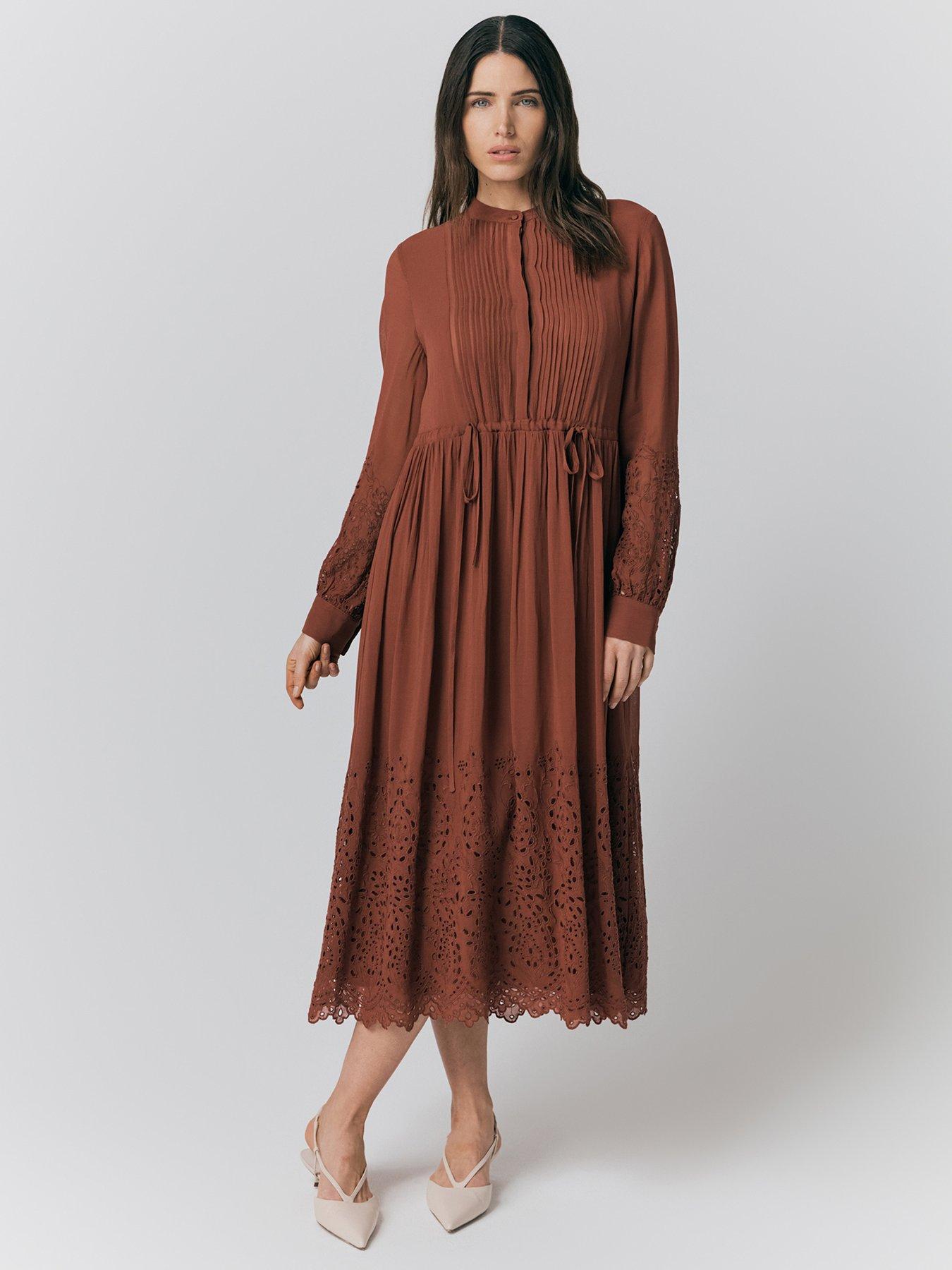 Ghost Millie Cutwork Embroidered Georgette Dress - Rust