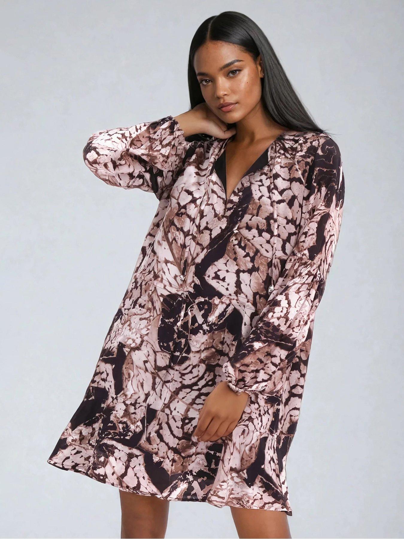Image 1 of 6 of Religion Mystic Animal Print Frill Hem Tunic Dress  - Beige