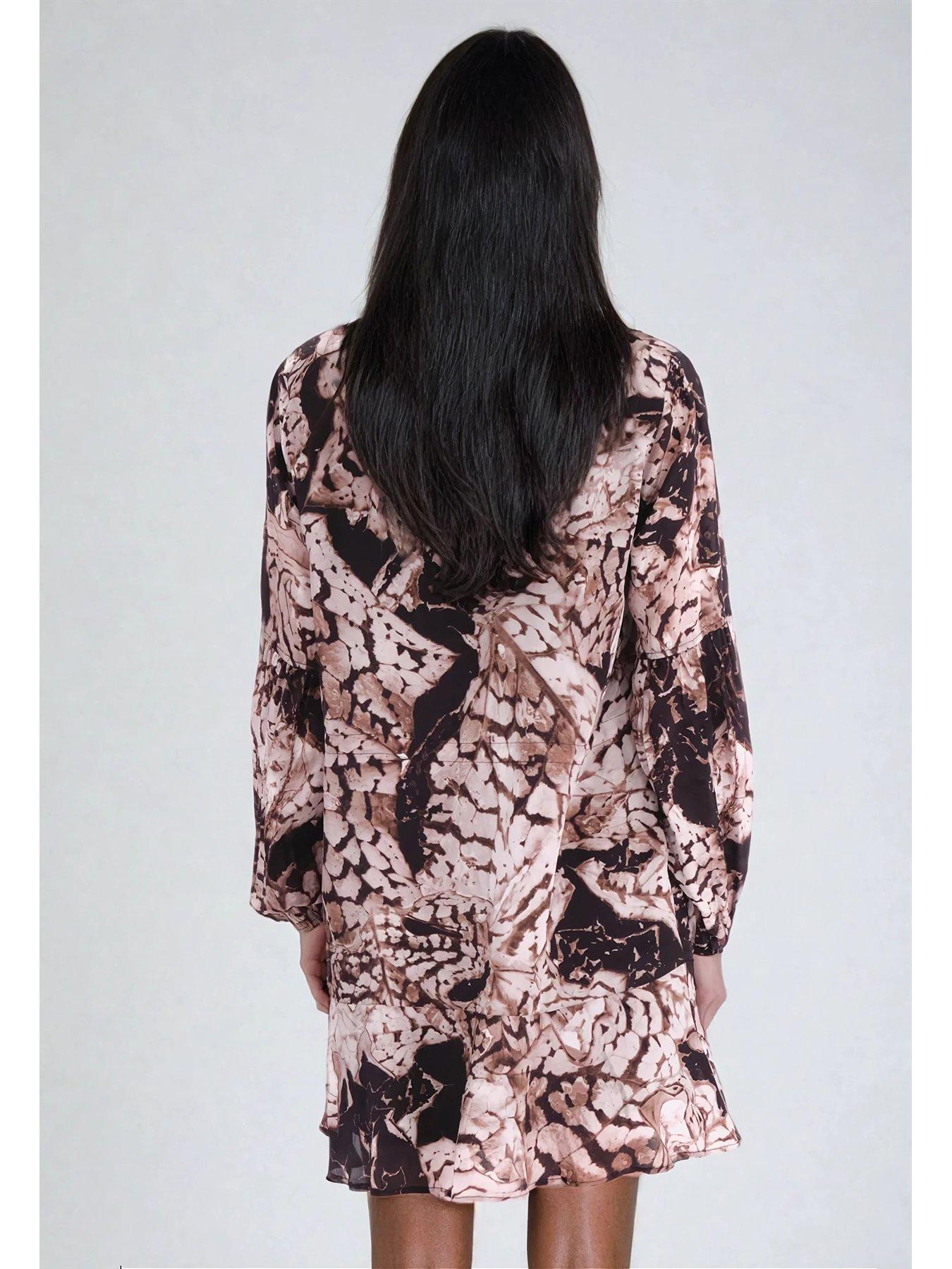 Image 2 of 6 of Religion Mystic Animal Print Frill Hem Tunic Dress  - Beige