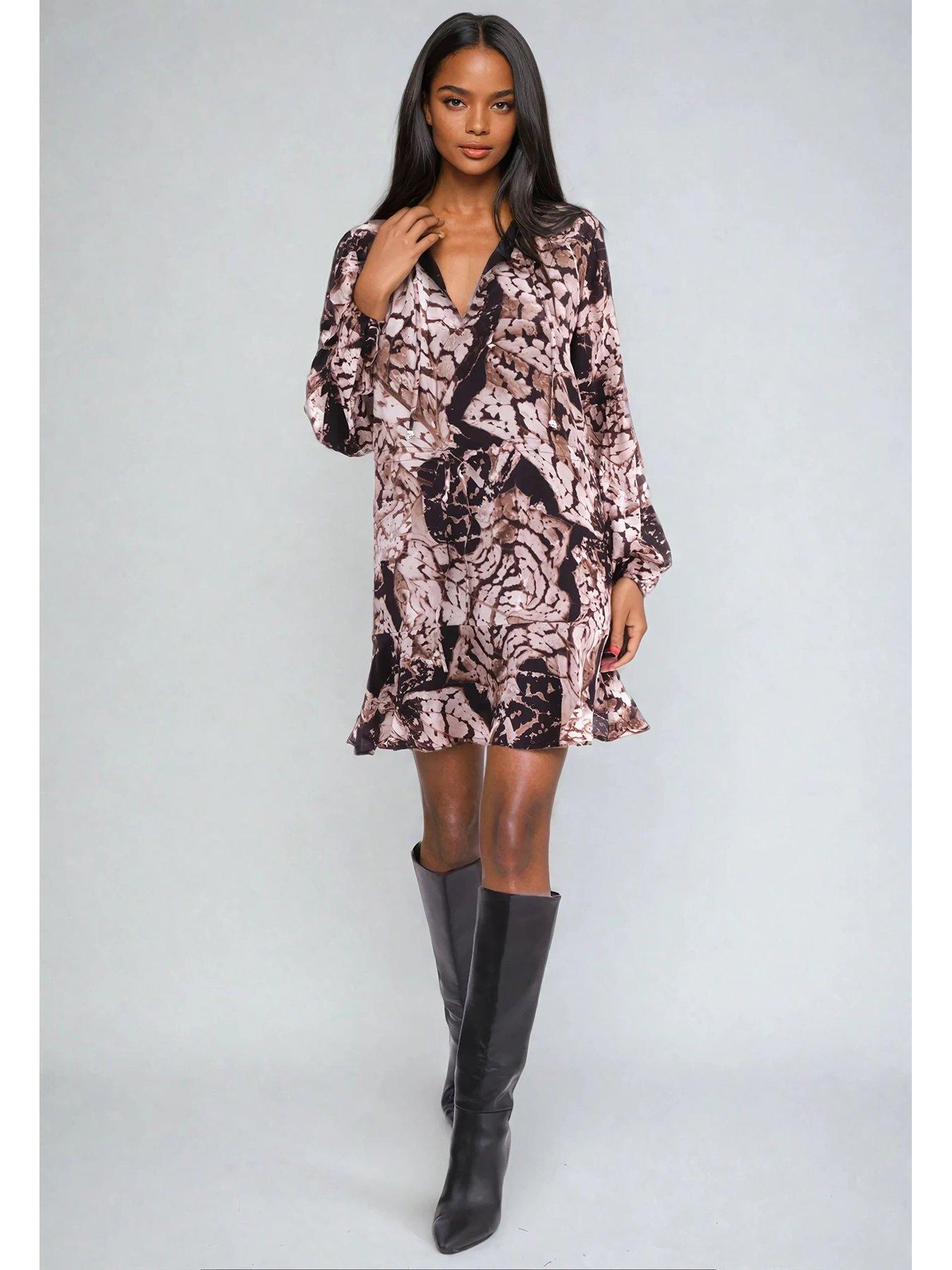 Image 3 of 6 of Religion Mystic Animal Print Frill Hem Tunic Dress  - Beige