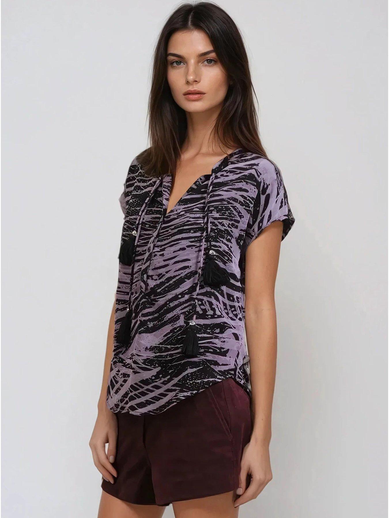 undefined Diamond Cap Sleeve Tassel Décor Shirt - Purple