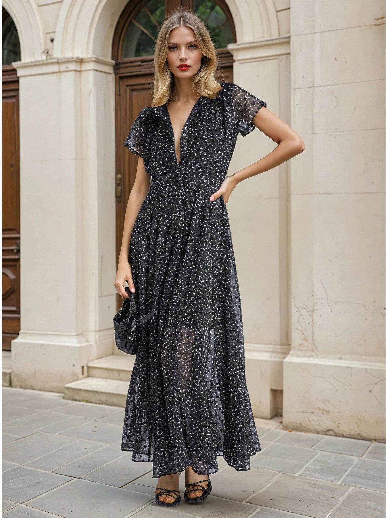 undefined Decoy Full Skirt Polka Dot Maxi Dress - Black
