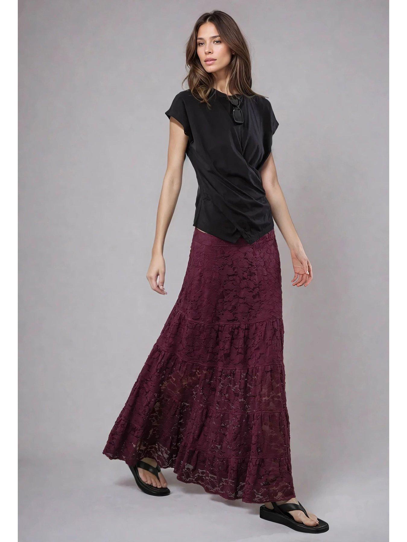 undefined Eileen Tiered Maxi Lace Skirt - Red