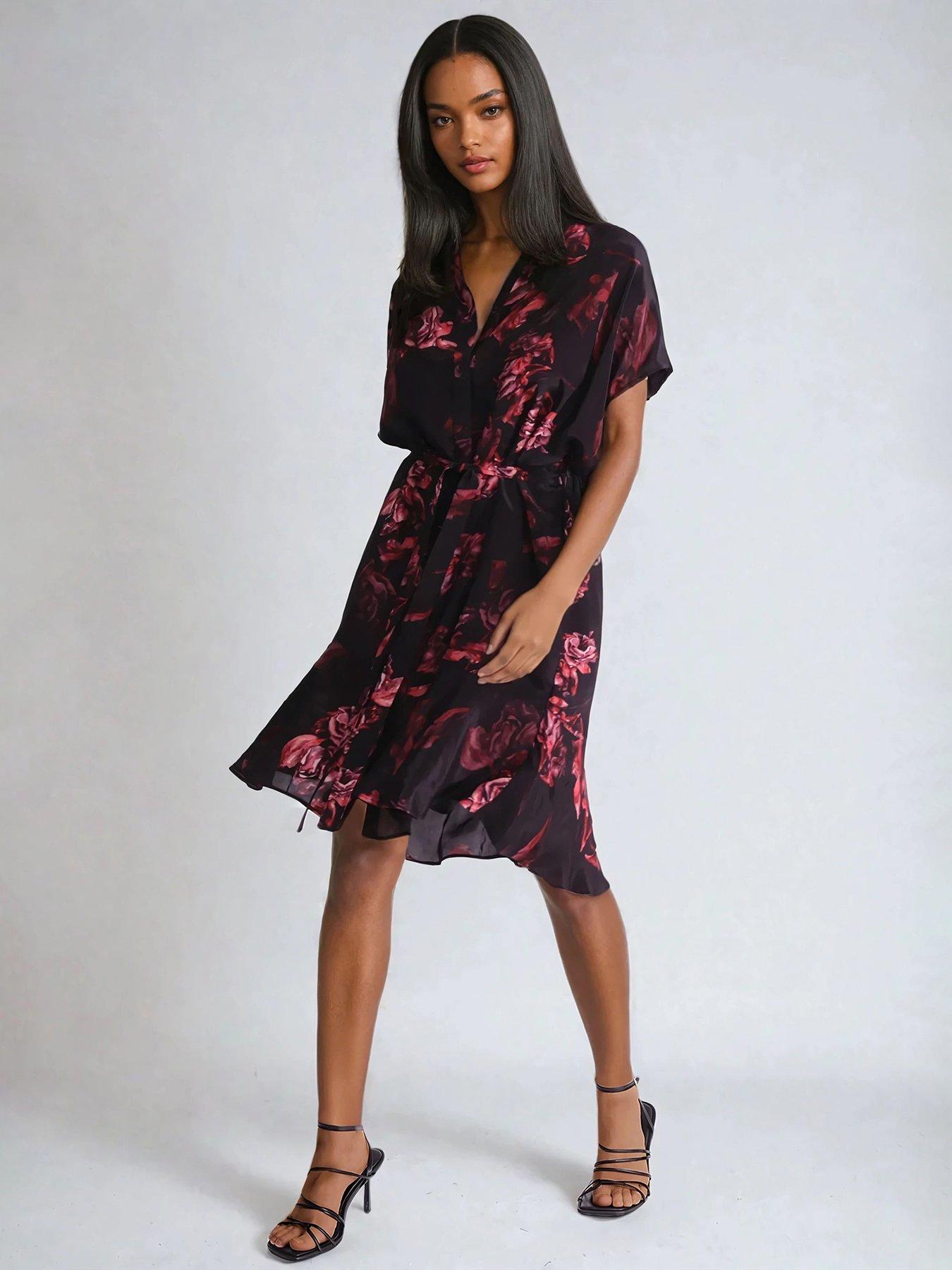 undefined Fade Floral Frill Hem Tunic Dress - Black